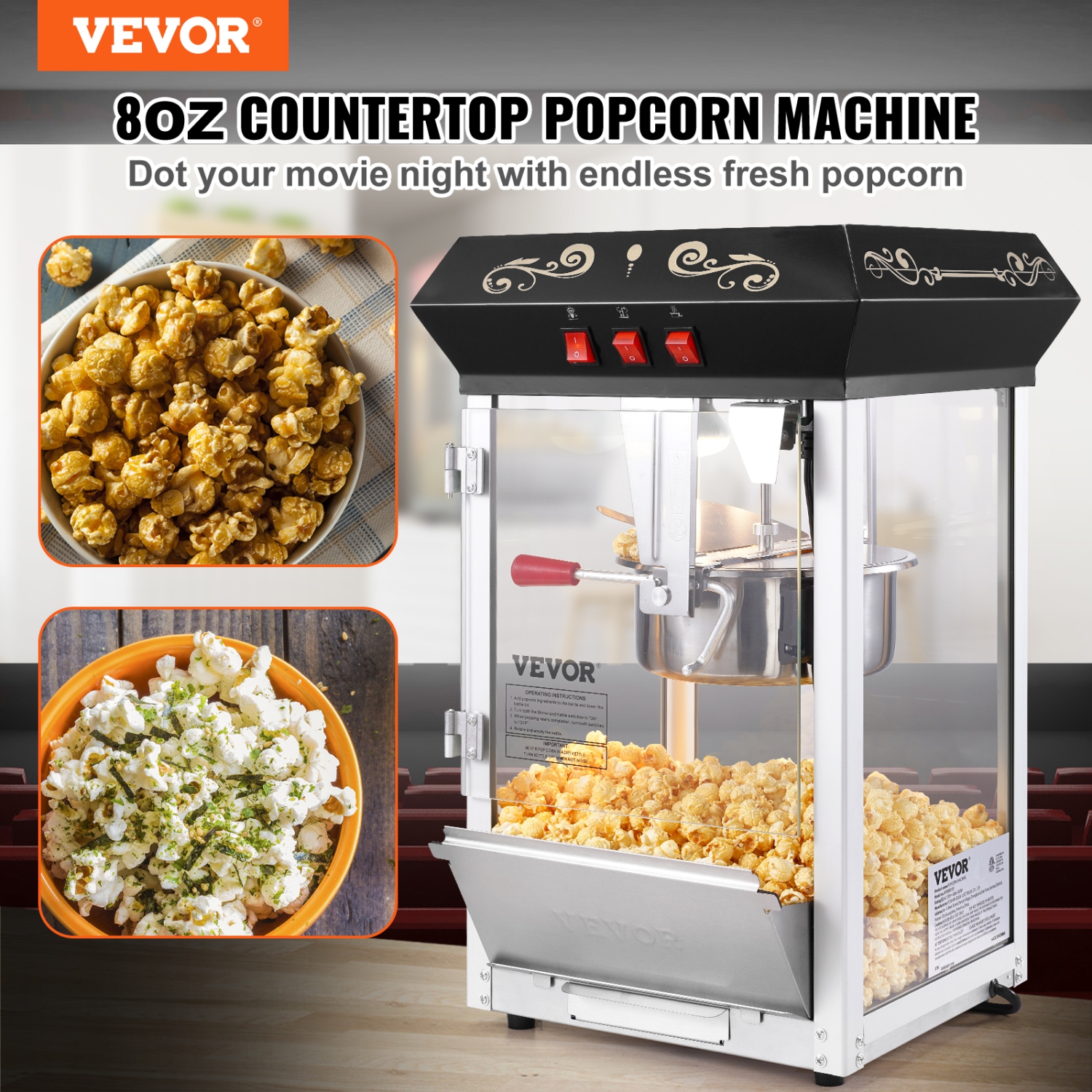 VEVOR 850W Popcorn Maker, Popcorn Popper Machine, 8 Oz Kettle Makes 48 Cups per Batch, Countertop Popcorn Maker with Tempered Glass, Includes 4