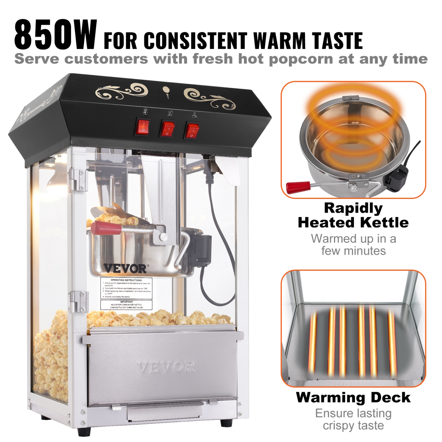 VEVOR 850W Popcorn Maker, Popcorn Popper Machine, 8 Oz Kettle Makes 48 Cups per Batch, Countertop Popcorn Maker with Tempered Glass, Includes 4