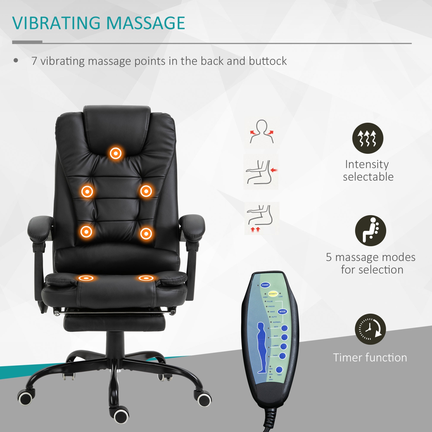 Kepooman 7-Point Vibrating Massage Chair, Reclining Office Chair with Footrest, Reclining Back, Adjustable Height, Black