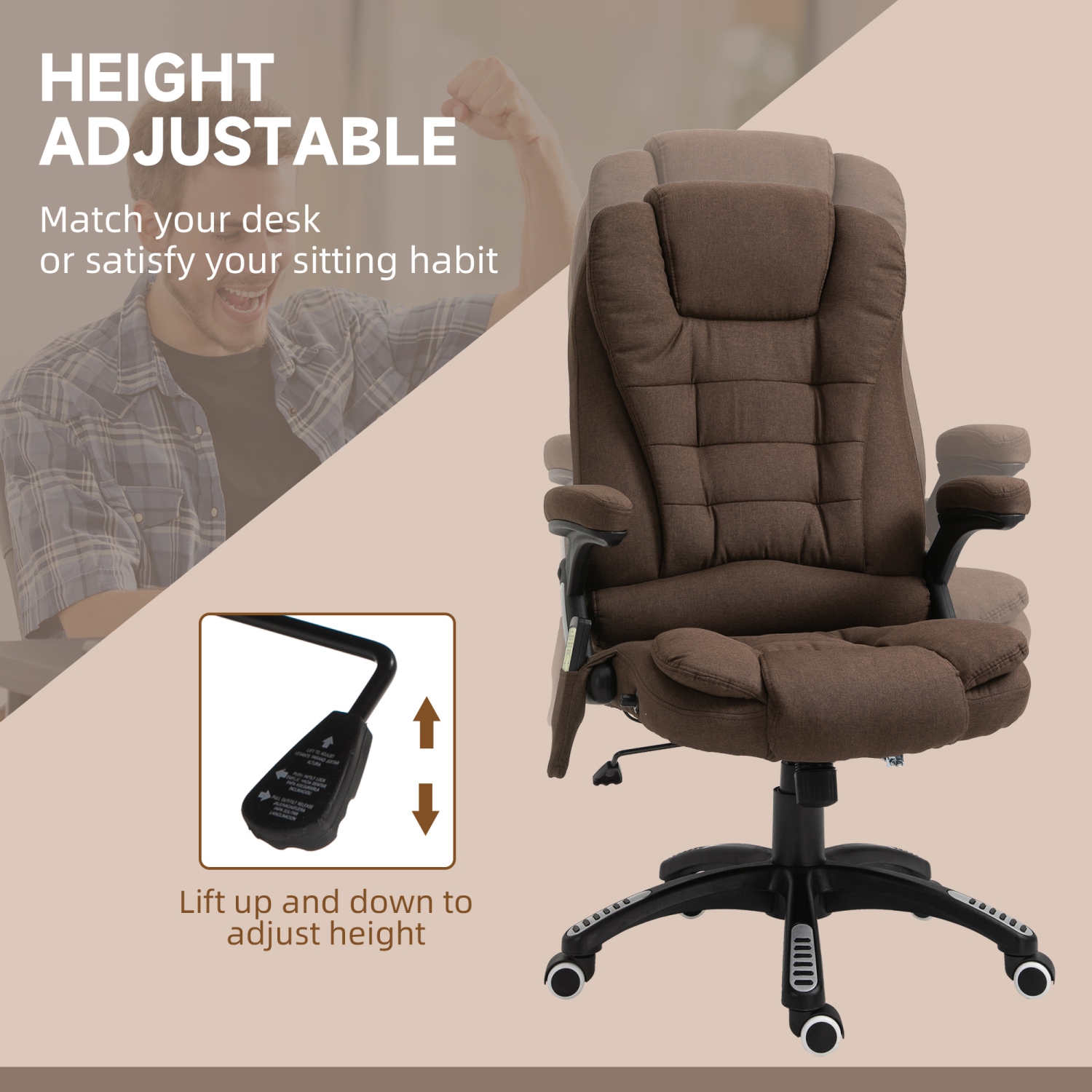 Kepooman 6-Point Vibrating Massage Home Office Chair High Back Executive Chair with Reclining Back, Swivel Wheels - Brown