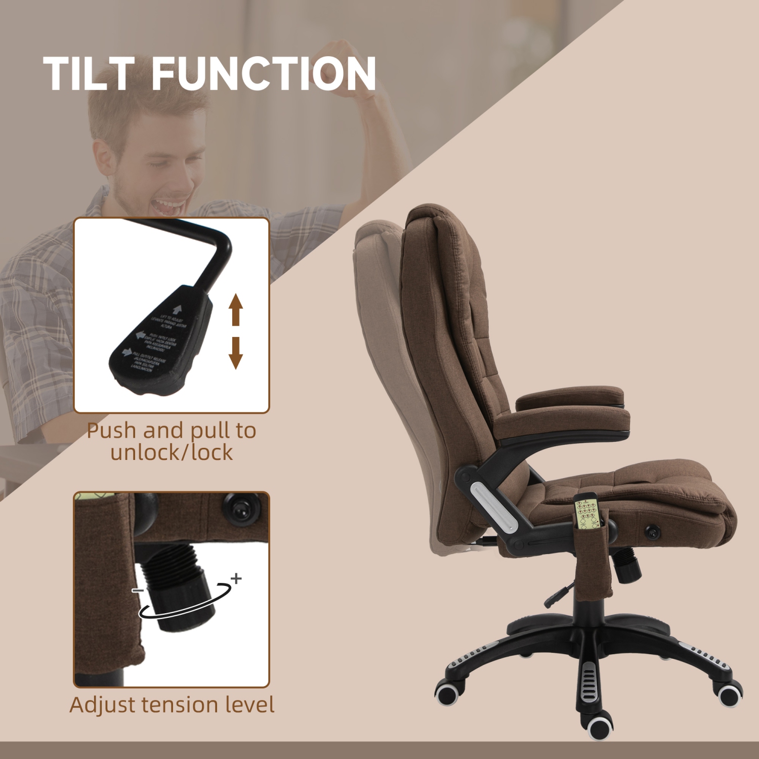 Kepooman 6-Point Vibrating Massage Home Office Chair High Back Executive Chair with Reclining Back, Swivel Wheels - Brown