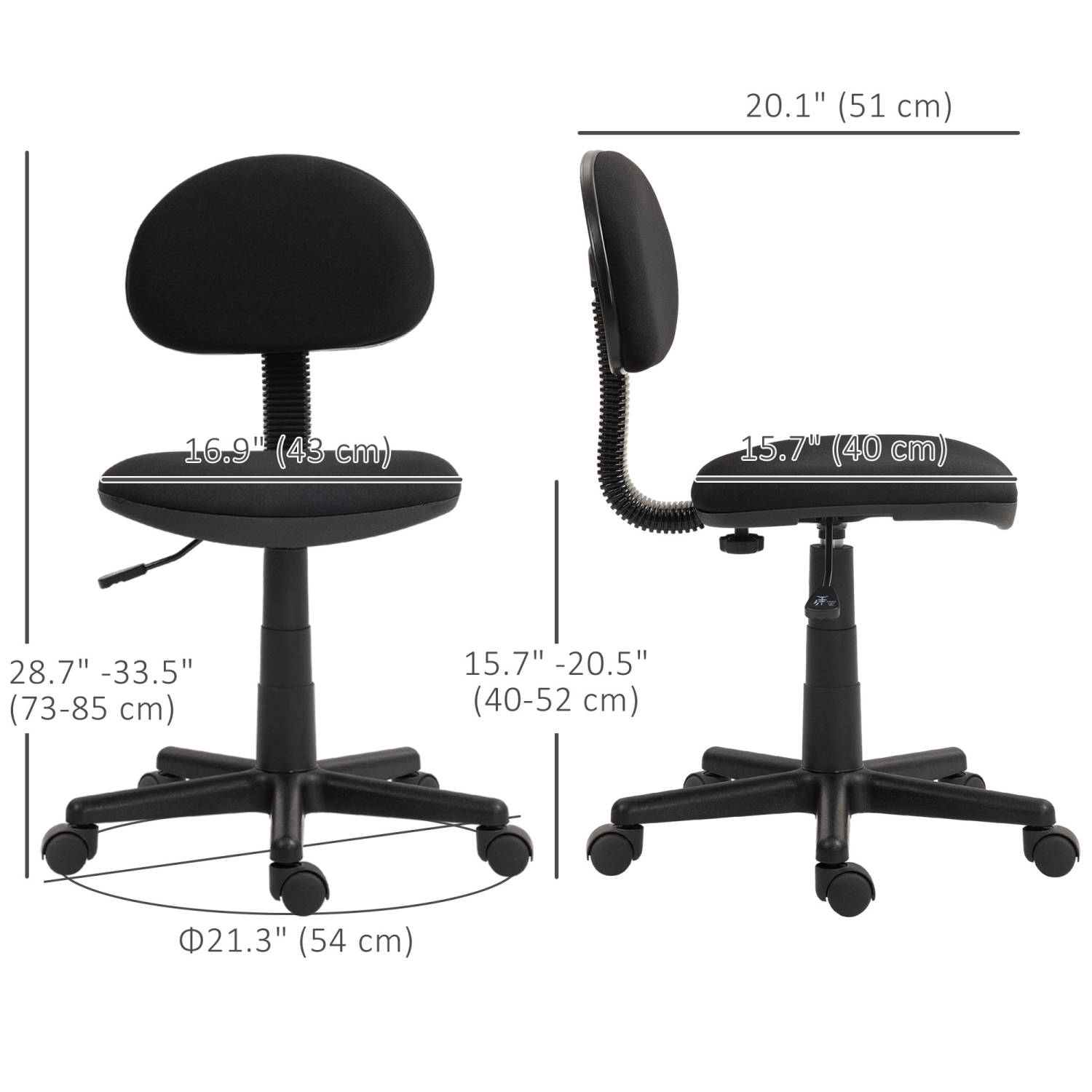 Kepooman Small Desk Chair, Armless Office Chair with Adjustable Height, 360° Swivel Wheels, Low Back for Small Spaces, Black