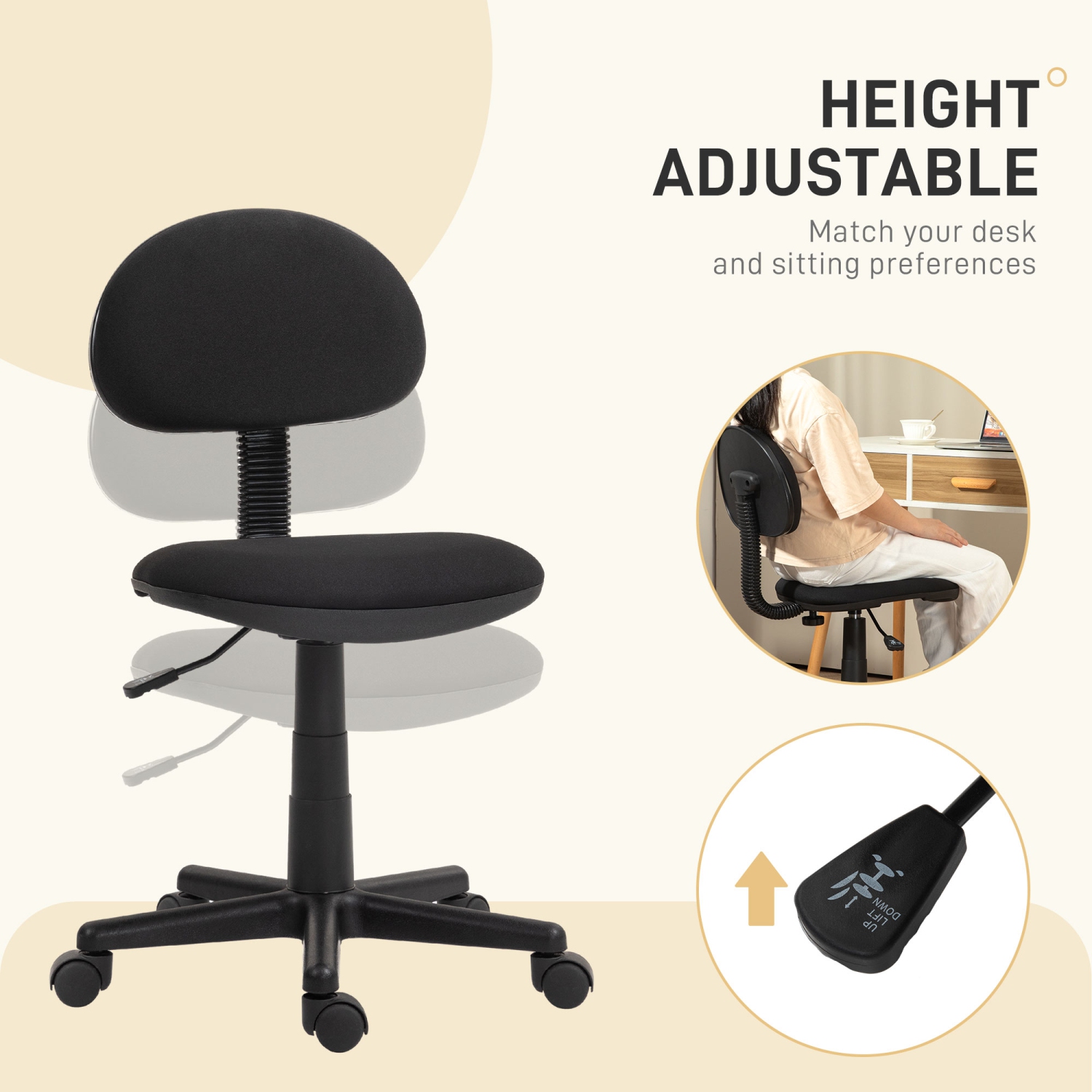 Kepooman Small Desk Chair, Armless Office Chair with Adjustable Height, 360° Swivel Wheels, Low Back for Small Spaces, Black