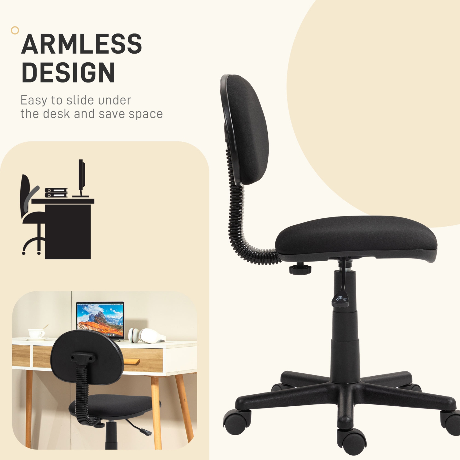 Kepooman Small Desk Chair, Armless Office Chair with Adjustable Height, 360° Swivel Wheels, Low Back for Small Spaces, Black