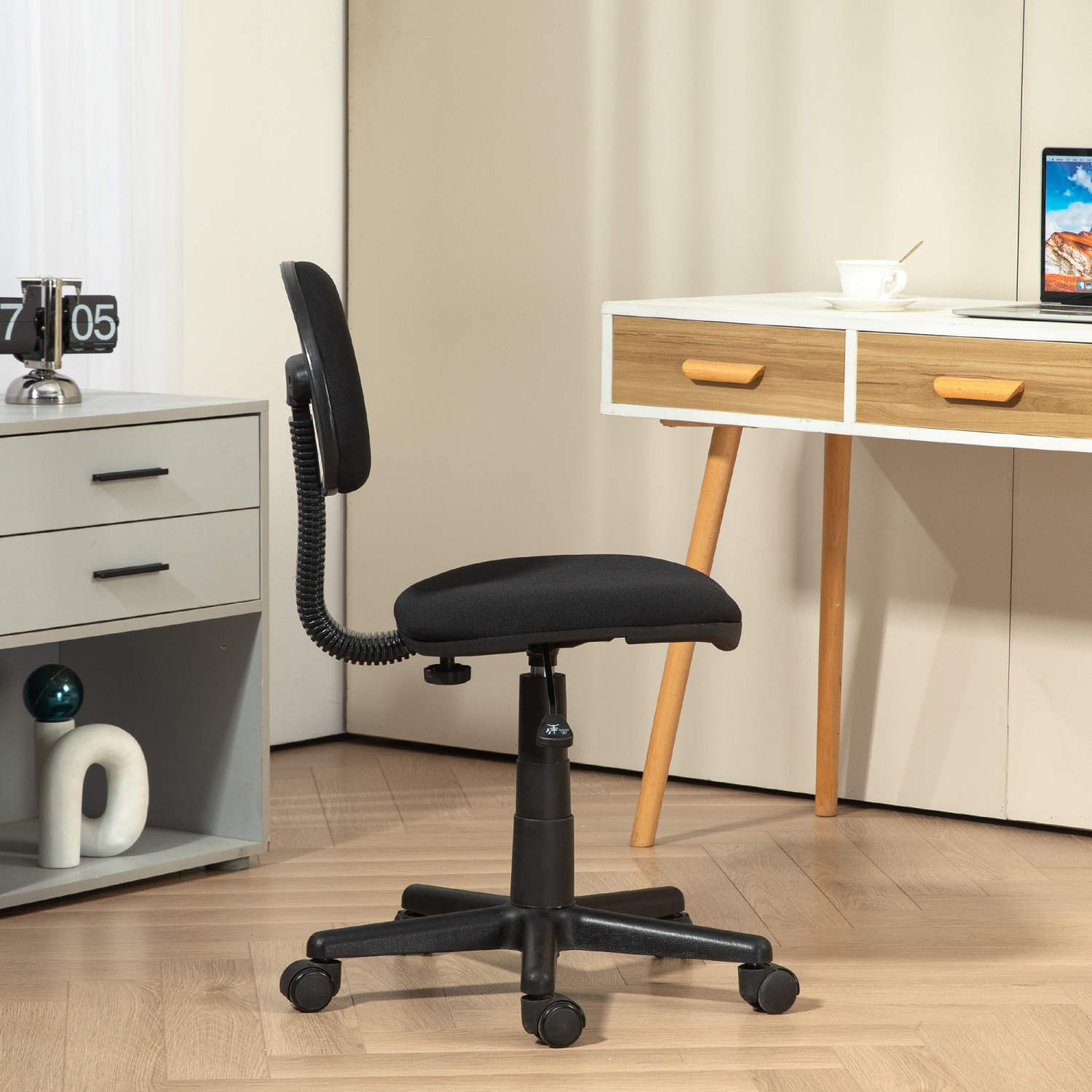 Kepooman Small Desk Chair, Armless Office Chair with Adjustable Height, 360° Swivel Wheels, Low Back for Small Spaces, Black