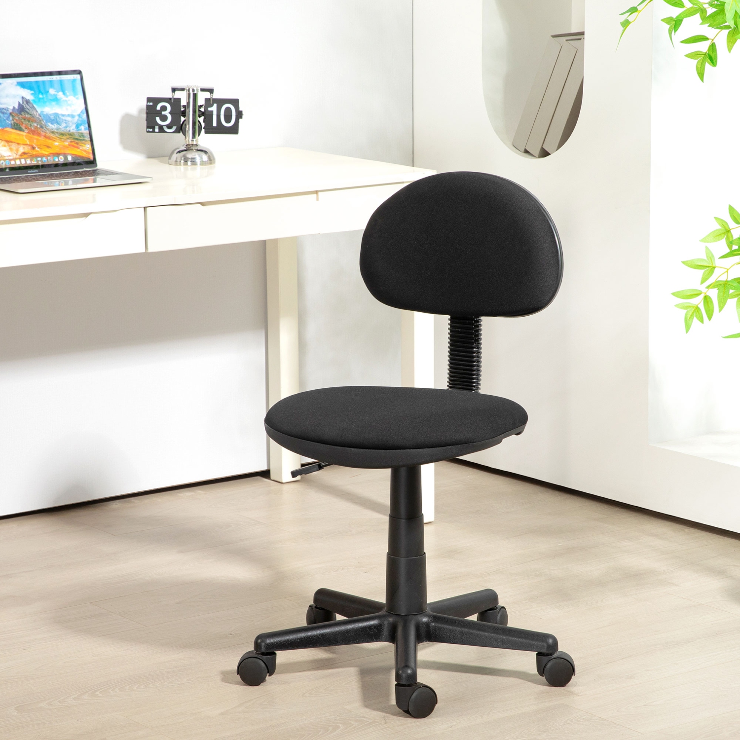 Kepooman Small Desk Chair, Armless Office Chair with Adjustable Height, 360° Swivel Wheels, Low Back for Small Spaces, Black