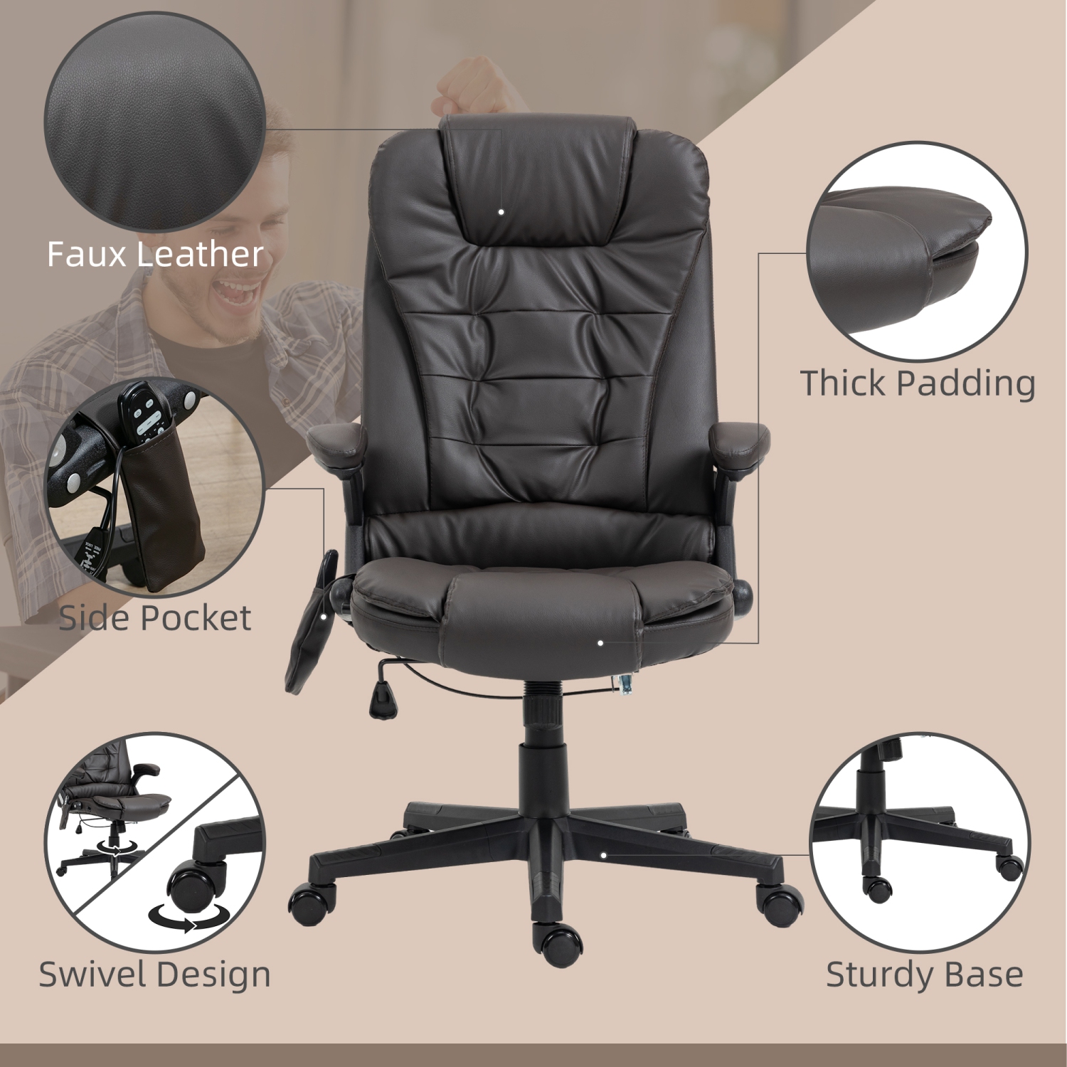 Kepooman Executive Massage Chairs Heated High Back Reclining Office Chair Swivel Leather Adjustable Vibrating Furniture - Dark Brown