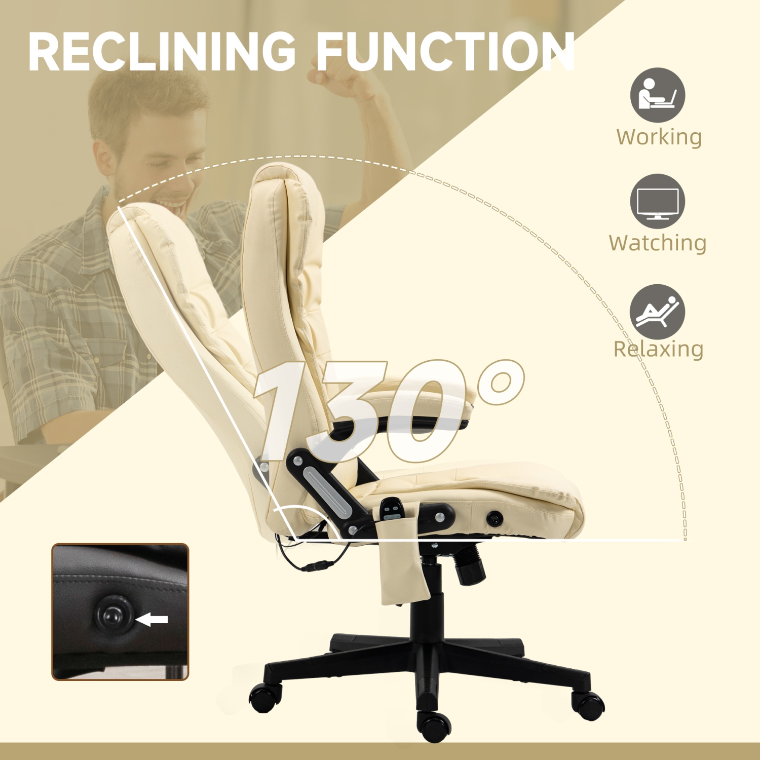 Kepooman Executive Massage Chairs Heated High Back Reclining Office Chair Swivel Leather Adjustable Vibrating Furniture - Beige