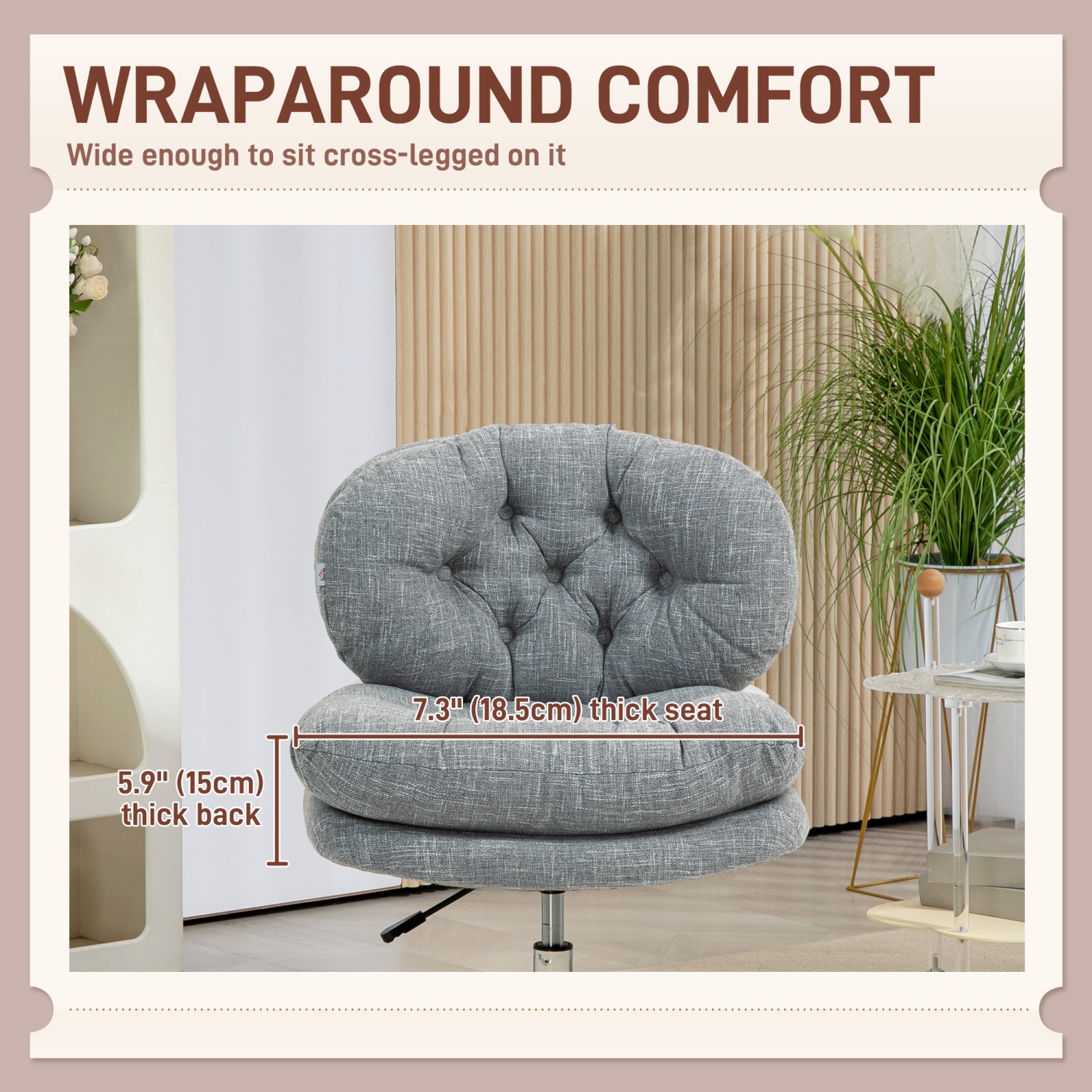 Computer Desk Chair, Armless Office Chair with Wide Padded Seat and Adjustable Height, Gray