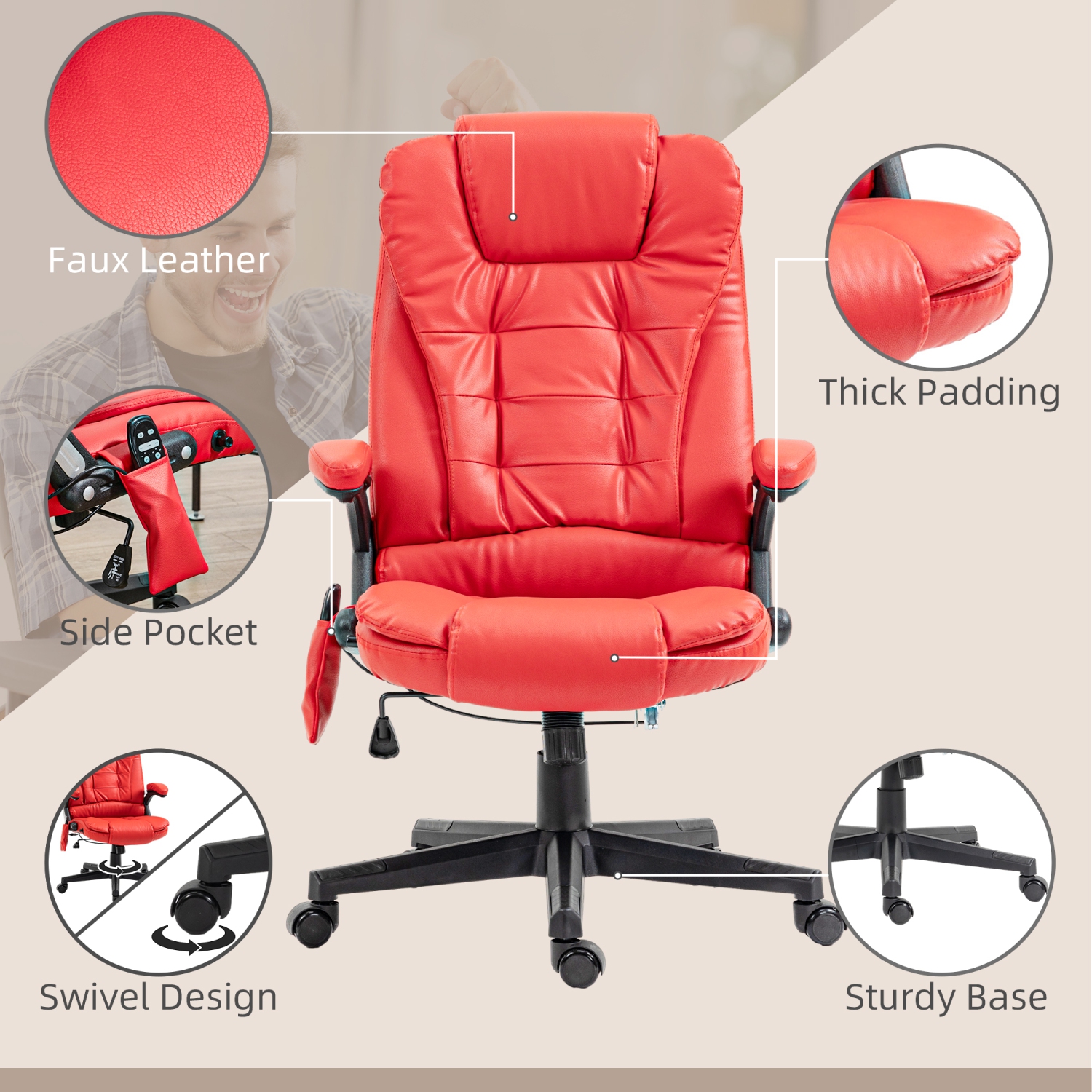 Kepooman Adjustable Heated Ergonomic Massage Office Chair Swivel Vibrating High Back Faux Leather Executive Chair Home Office Furniture