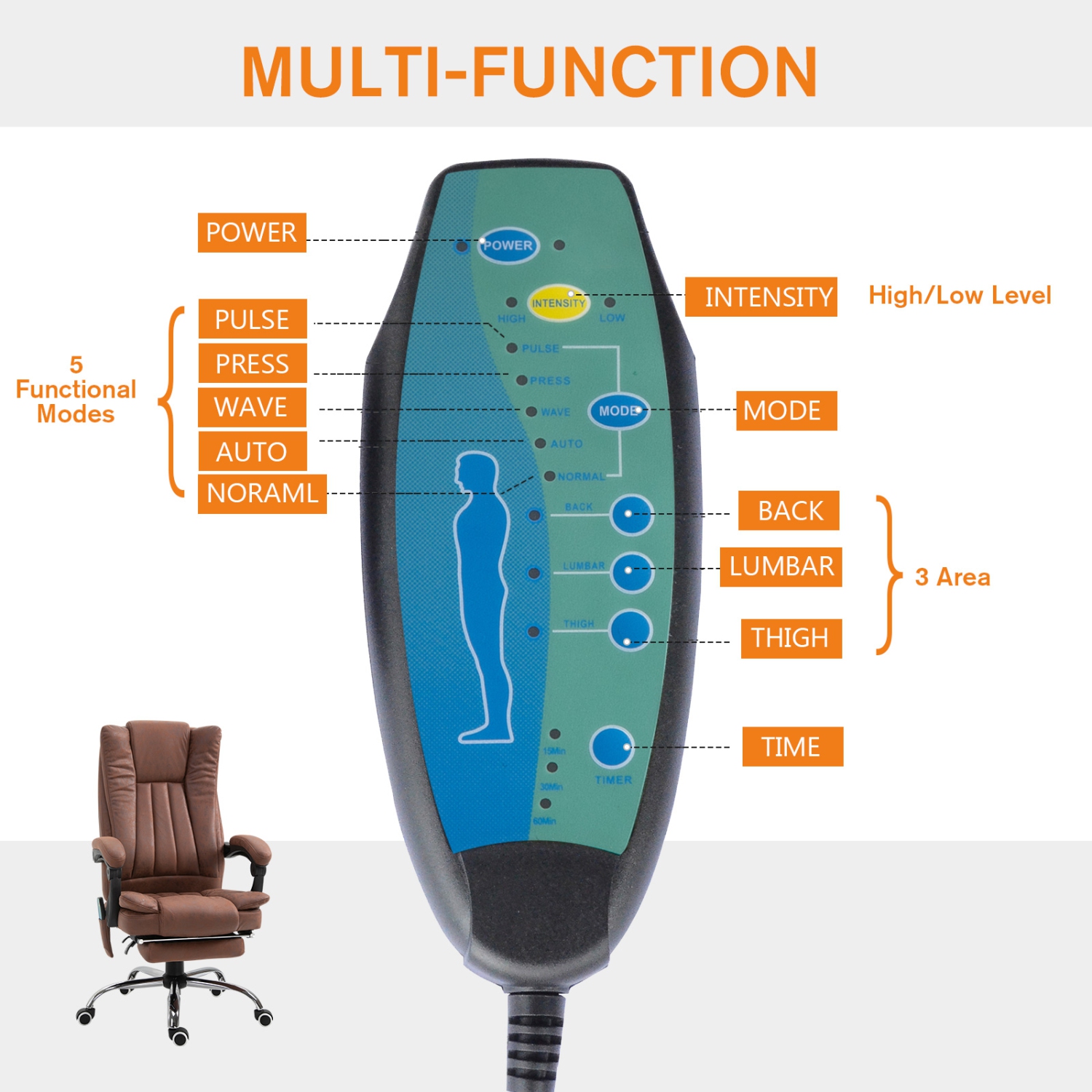 Kepooman Office Chair 6-point Vibration Massage Chair Micro Fiber Recliner with Retractable Footrest - Brown