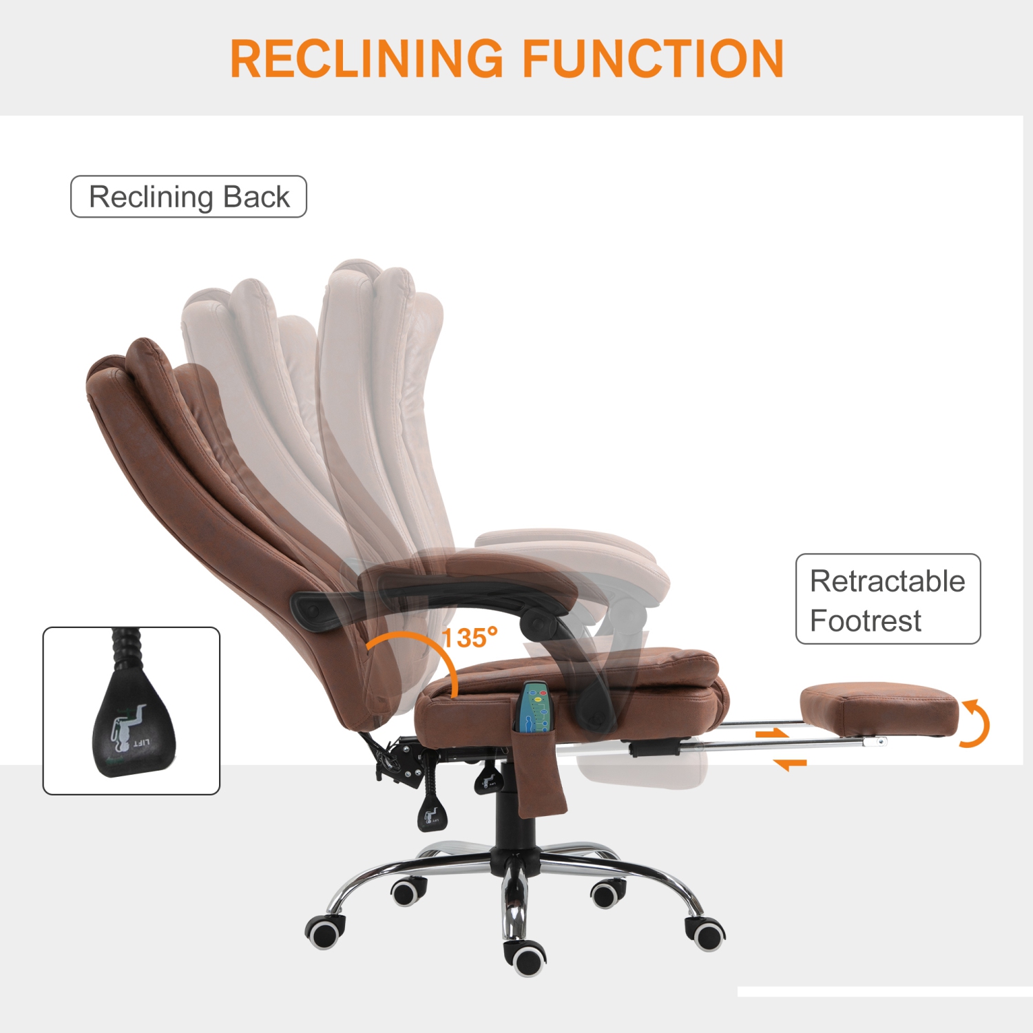 Kepooman Office Chair 6-point Vibration Massage Chair Micro Fiber Recliner with Retractable Footrest - Brown
