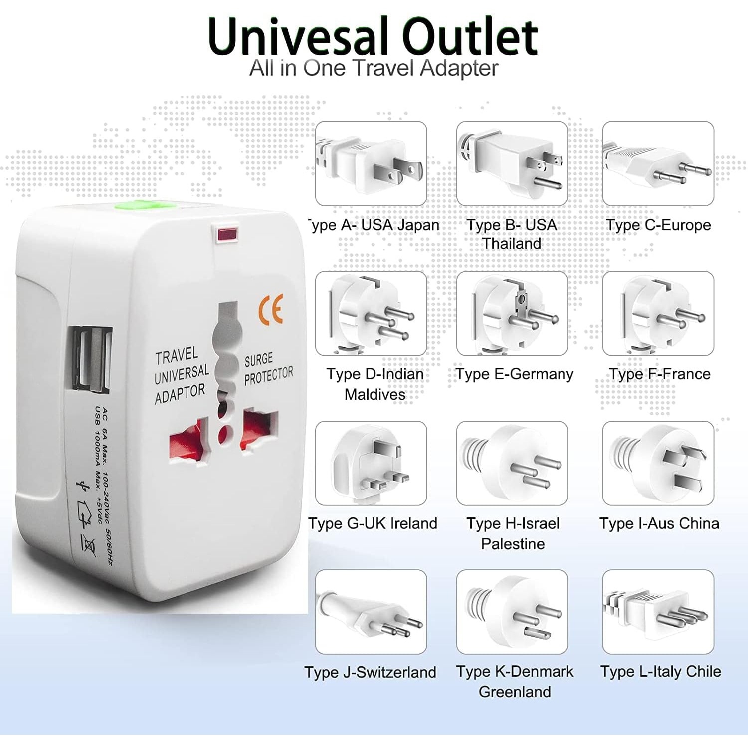Universal Travel Adapter with 2 USB Ports – All-in-One AC Power Plug Charger for 150+ Countries – EU/UK/US/AU Compatible – 110V-220V Worldwide Wall