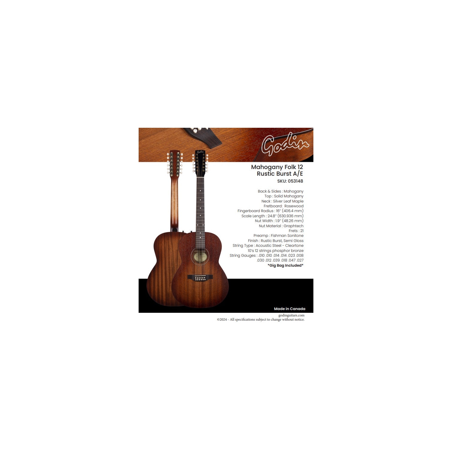 Lampe acoustique à 053148 12 cordes en acajou Folk rustique avec sac de Godin - FABRIQUÉ AU CANADA