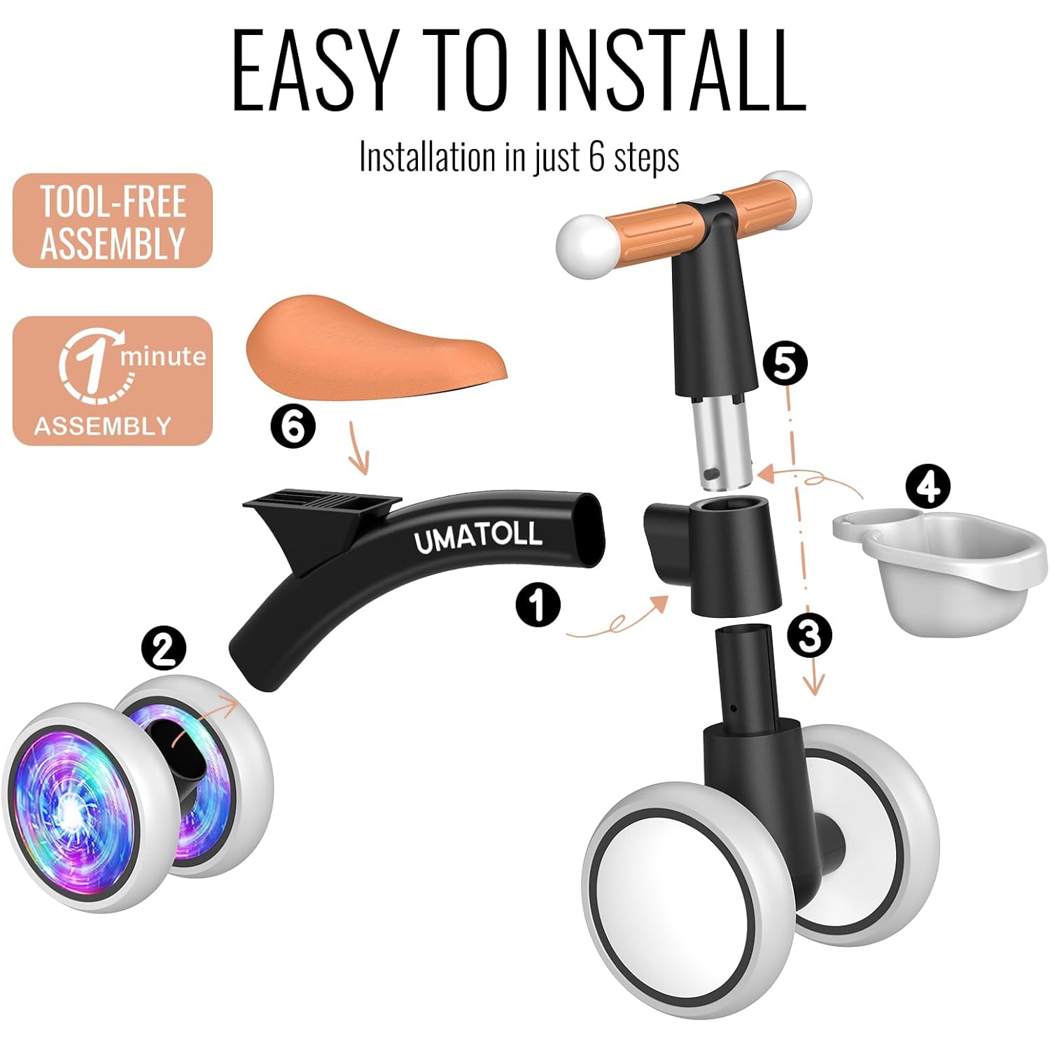 Colorful Lighting Baby Balance Bike Toys for 1 Year Old Boys Gifts, Adjustable Seat Baby Walker, 12-24 Months Toddler Ride on Toys with Removable