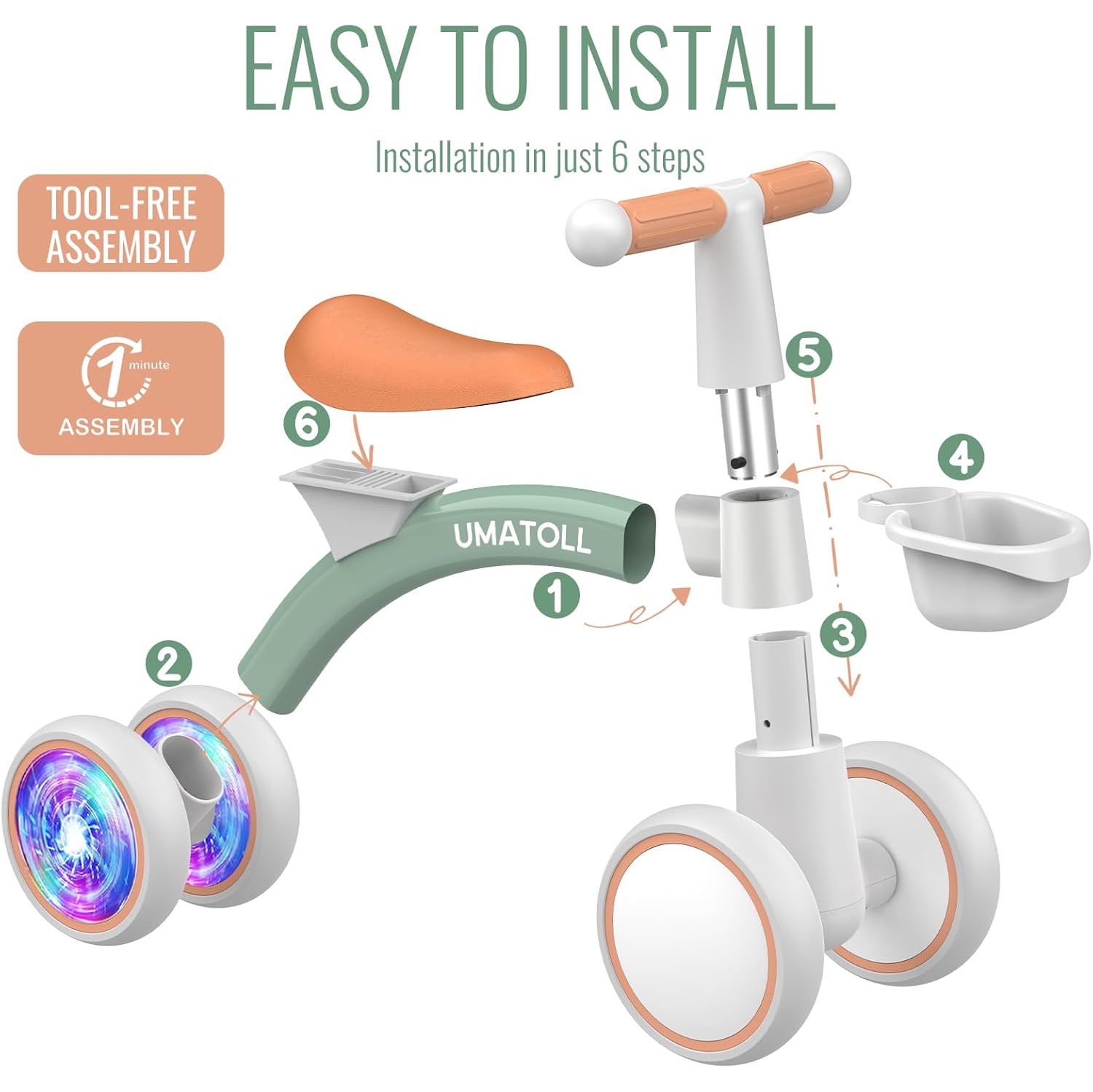 Colorful Lighting Baby Balance Bike Toys for 1 Year Old Boys Gifts, Adjustable Seat Baby Walker, 12-24 Months Toddler Ride on Toys with Removable