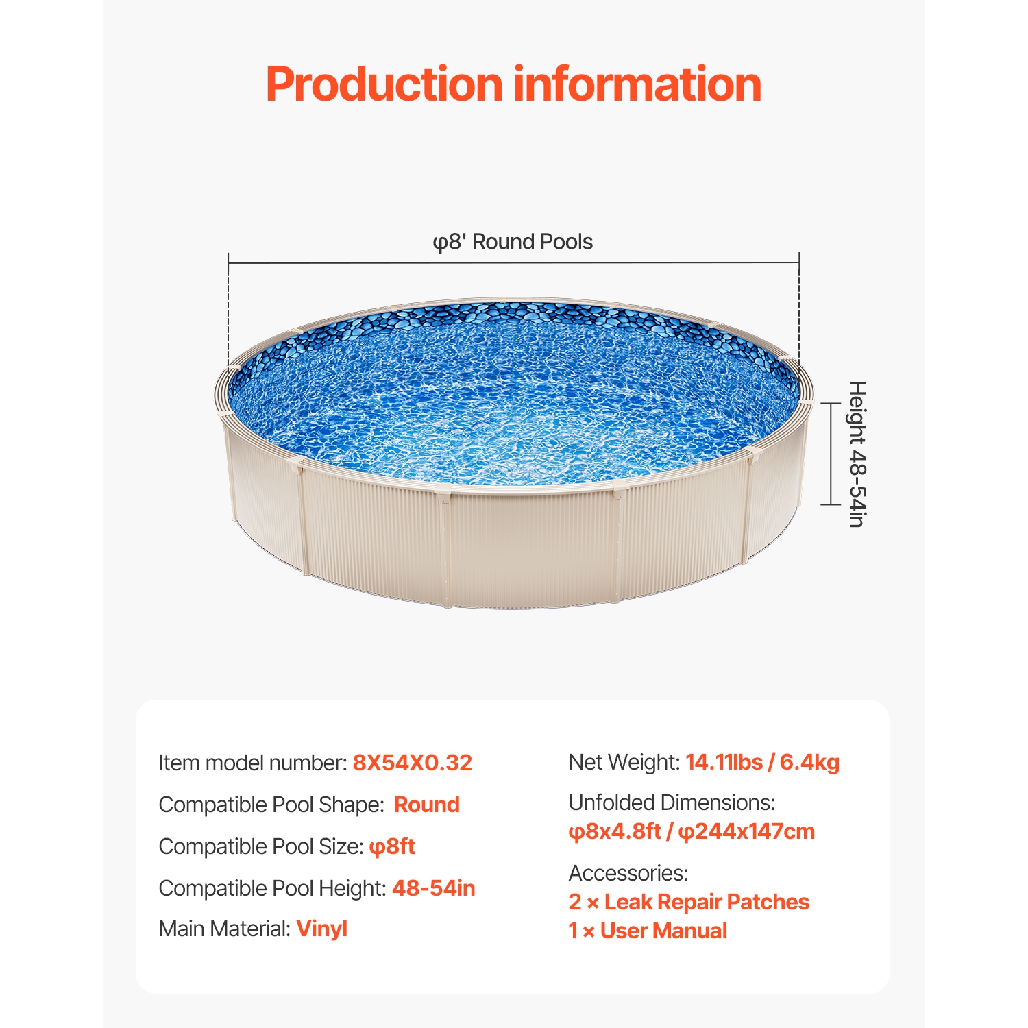 VEVOR 8-ft Round Above Ground Pool Liner, Overlap Pool Liners, Standard Gauge Vinyl, 48-to-54inch Wall Height, Designed for Steel Sided Above-Ground