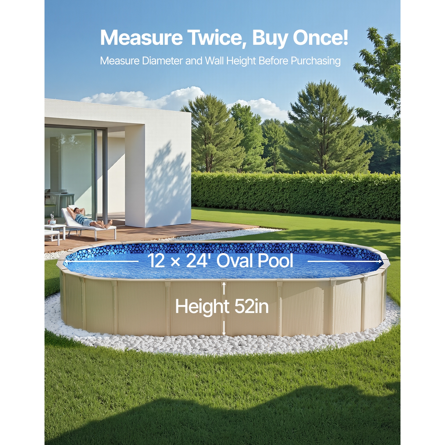 VEVOR 12 x 24 ft Oval Pool Liner, Unibead Above Ground Pool Liners, 52in Wall Height, Durable Standard Gauge Vinyl, Designed for Steel Sided
