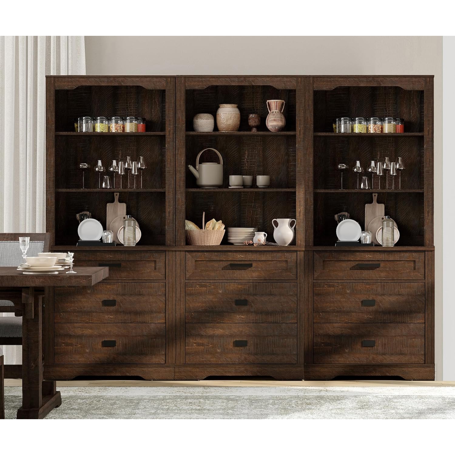 WAMPAT – Bibliothèque à 3 niveaux avec 9 tiroirs, bibliothèque à trois colonnes de 73,3&nbsp;po et 9 tablettes ouvertes pour la chambre, le salon et