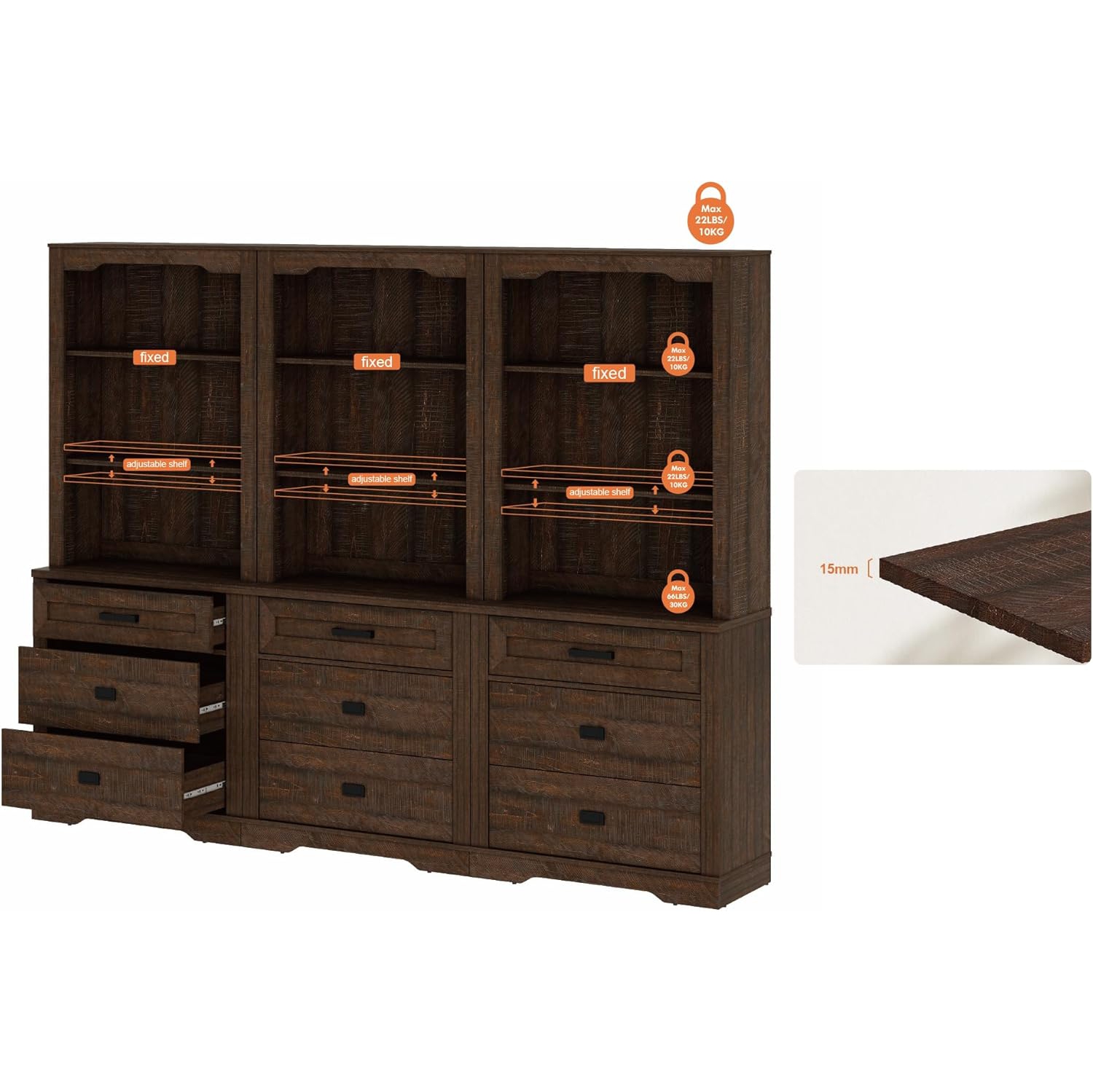 WAMPAT – Bibliothèque à 3 niveaux avec 9 tiroirs, bibliothèque à trois colonnes de 73,3 po et 9 tablettes ouvertes pour la chambre, le salon et