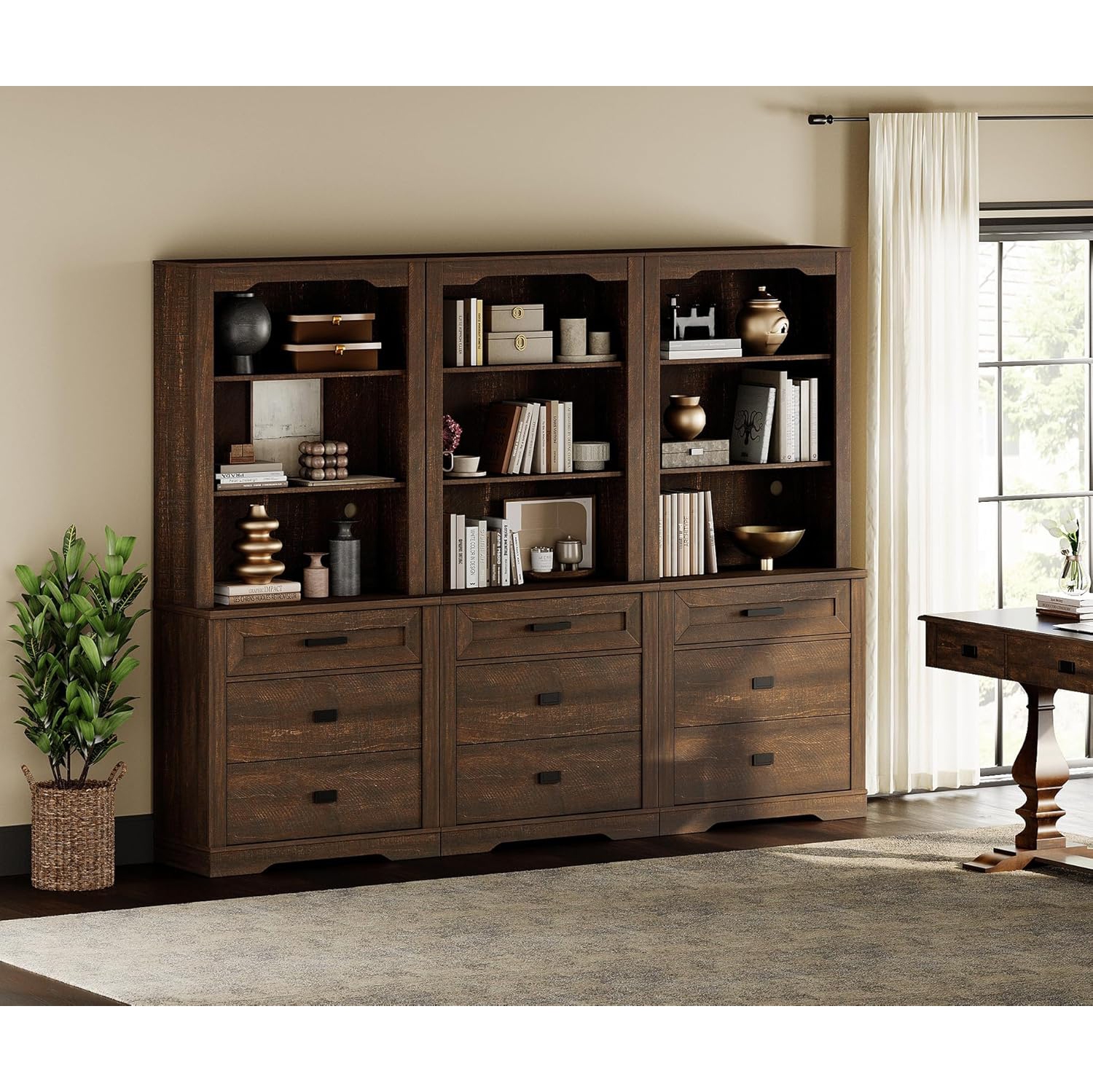 WAMPAT – Bibliothèque à 3 niveaux avec 9 tiroirs, bibliothèque à trois colonnes de 73,3 po et 9 tablettes ouvertes pour la chambre, le salon et