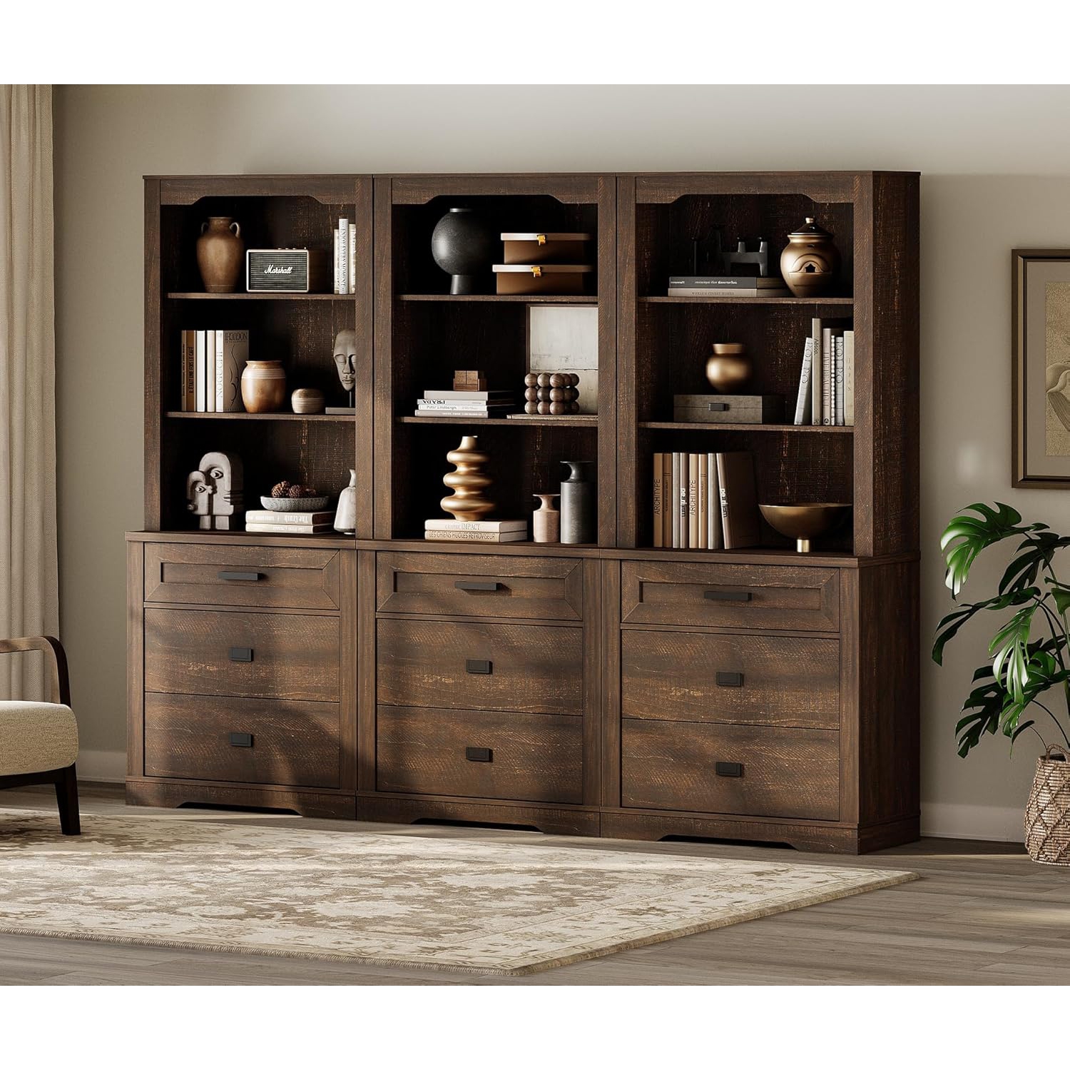 WAMPAT – Bibliothèque à 3 niveaux avec 9 tiroirs, bibliothèque à trois colonnes de 73,3 po et 9 tablettes ouvertes pour la chambre, le salon et