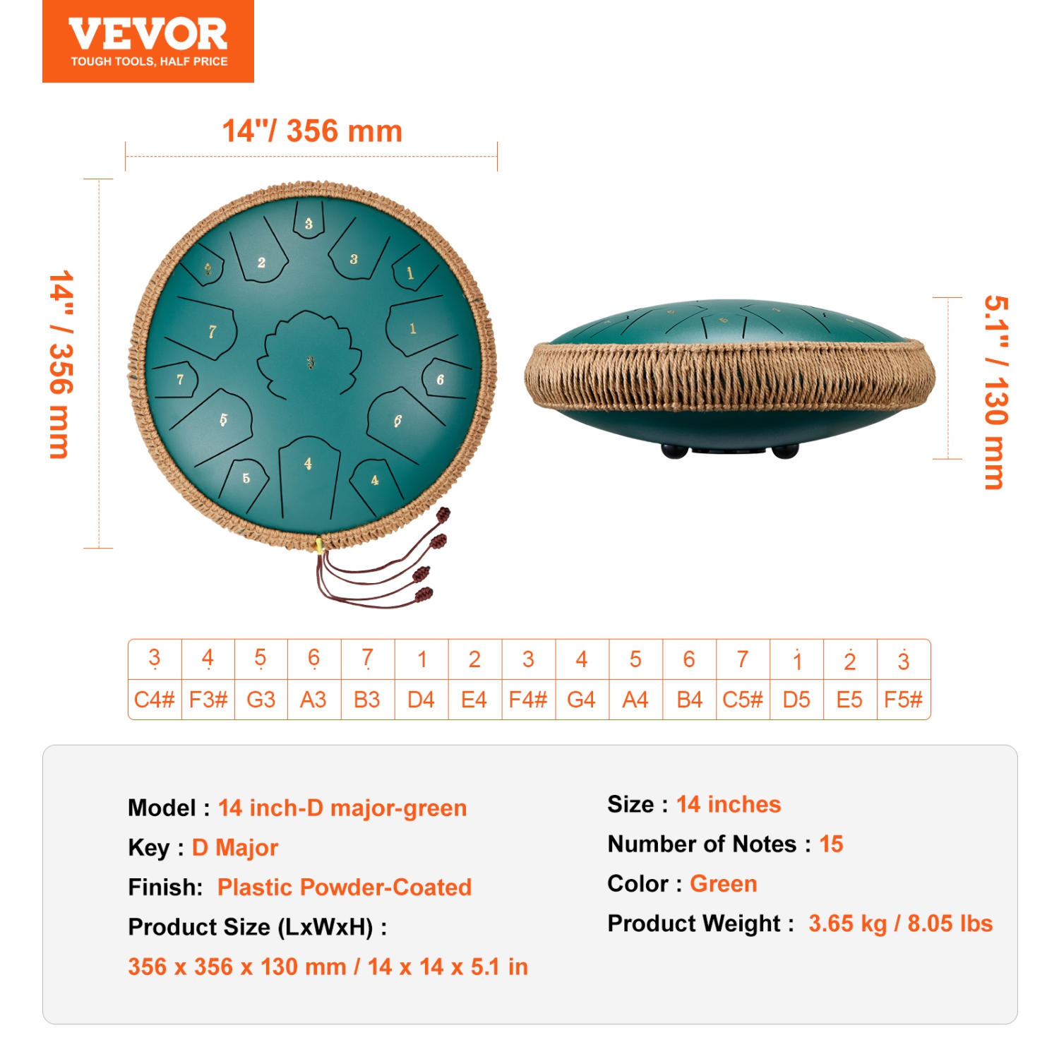 VEVOR 14 in Steel Tongue Drum, 15 Notes D Major Key, for Outside Garden, with 2 Mallets & Carry Bag, Hand Pan Drum Percussion Instrument for Musical
