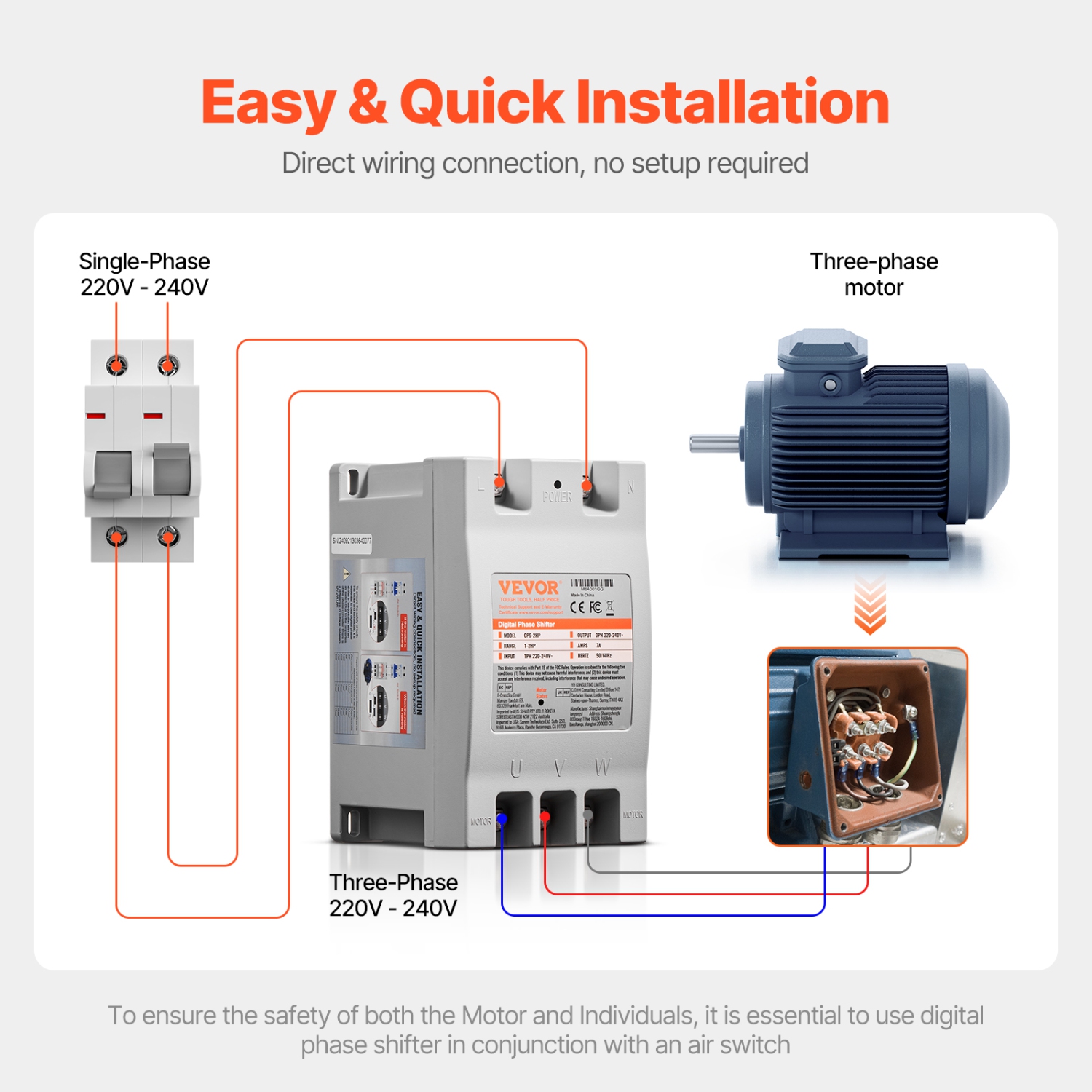 Convertisseur de phase VEVOR 3 - Convertisseur monophasé 220&nbsp;V 7&nbsp;A 2&nbsp;HP à 3 phases, entrée/sortie 220&nbsp;V-240&nbsp;V, sélecteur de