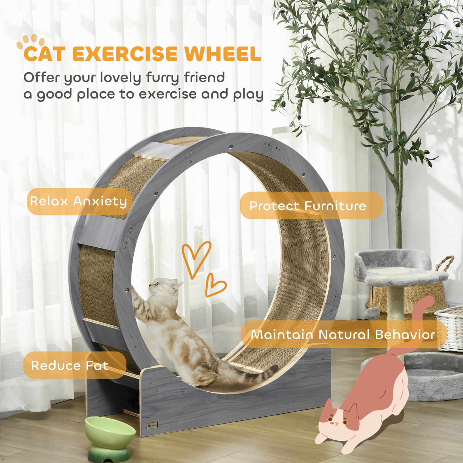 PawHut 36 Inch Cat Wheel Exerciser for Indoor Cats, Kitten Treadmill with Carpeted Runway and Brake, Kitty Running Toy for Fitness & Healthy, Grey