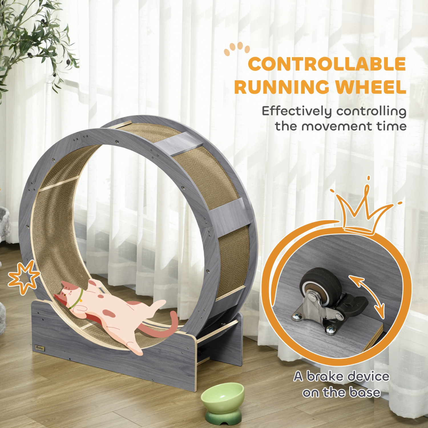 PawHut 36 Inch Cat Wheel Exerciser for Indoor Cats, Kitten Treadmill with Carpeted Runway and Brake, Kitty Running Toy for Fitness & Healthy, Grey