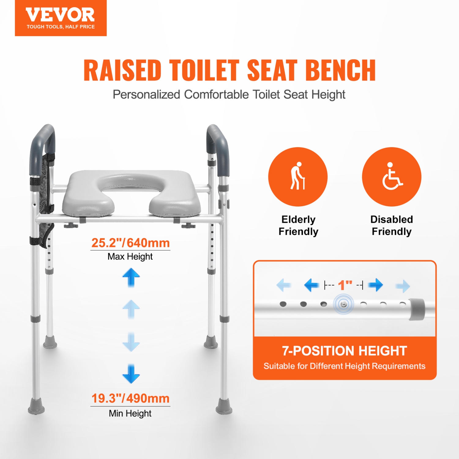 VEVOR 7-Position Raised Toilet Seat, Height Adjustment 19.3" - 25.2", 350lbs Weight Capacity, with Comfort Padded Aluminum Frame, Universal Toilet