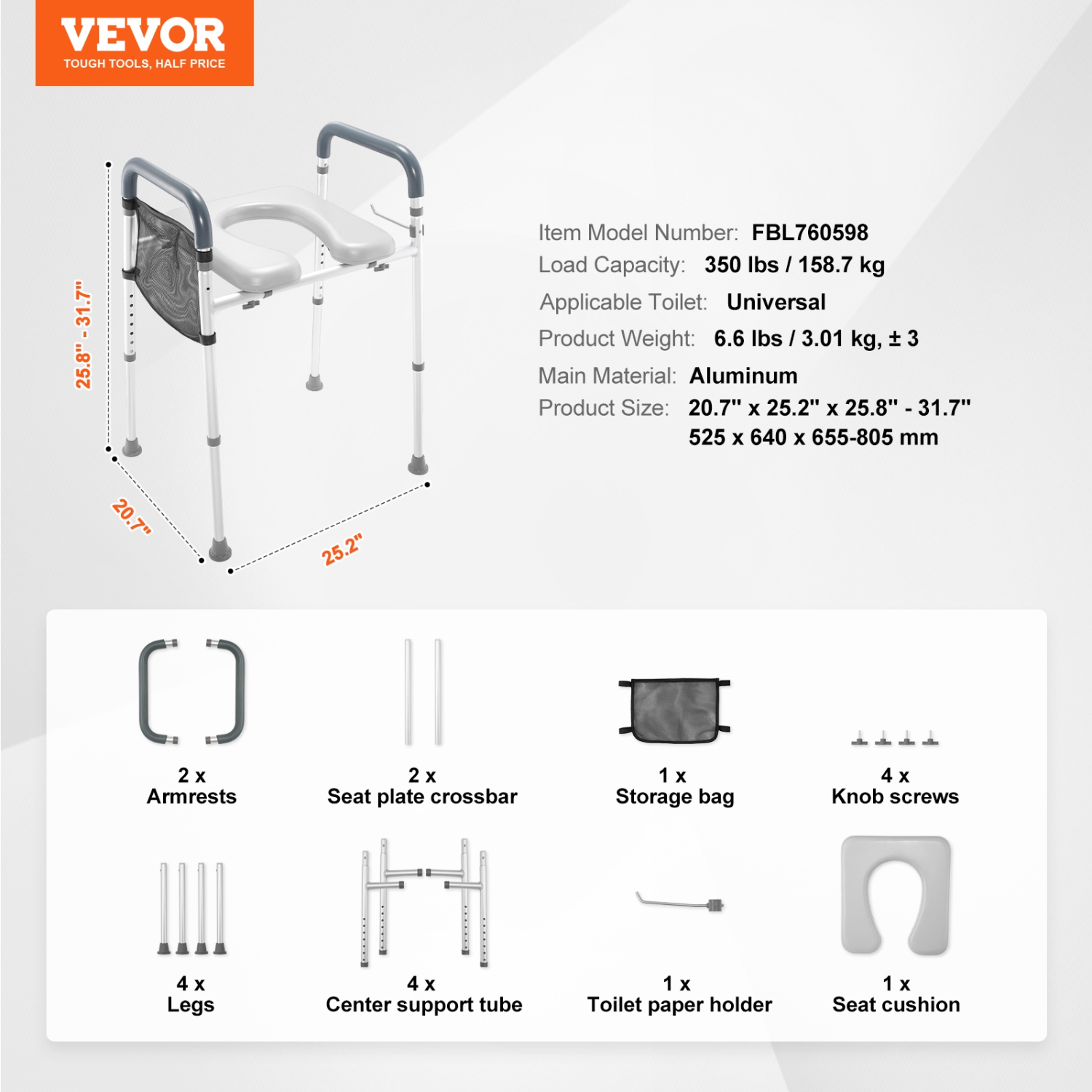 VEVOR 7-Position Raised Toilet Seat, Height Adjustment 19.3" - 25.2", 350lbs Weight Capacity, with Comfort Padded Aluminum Frame, Universal Toilet