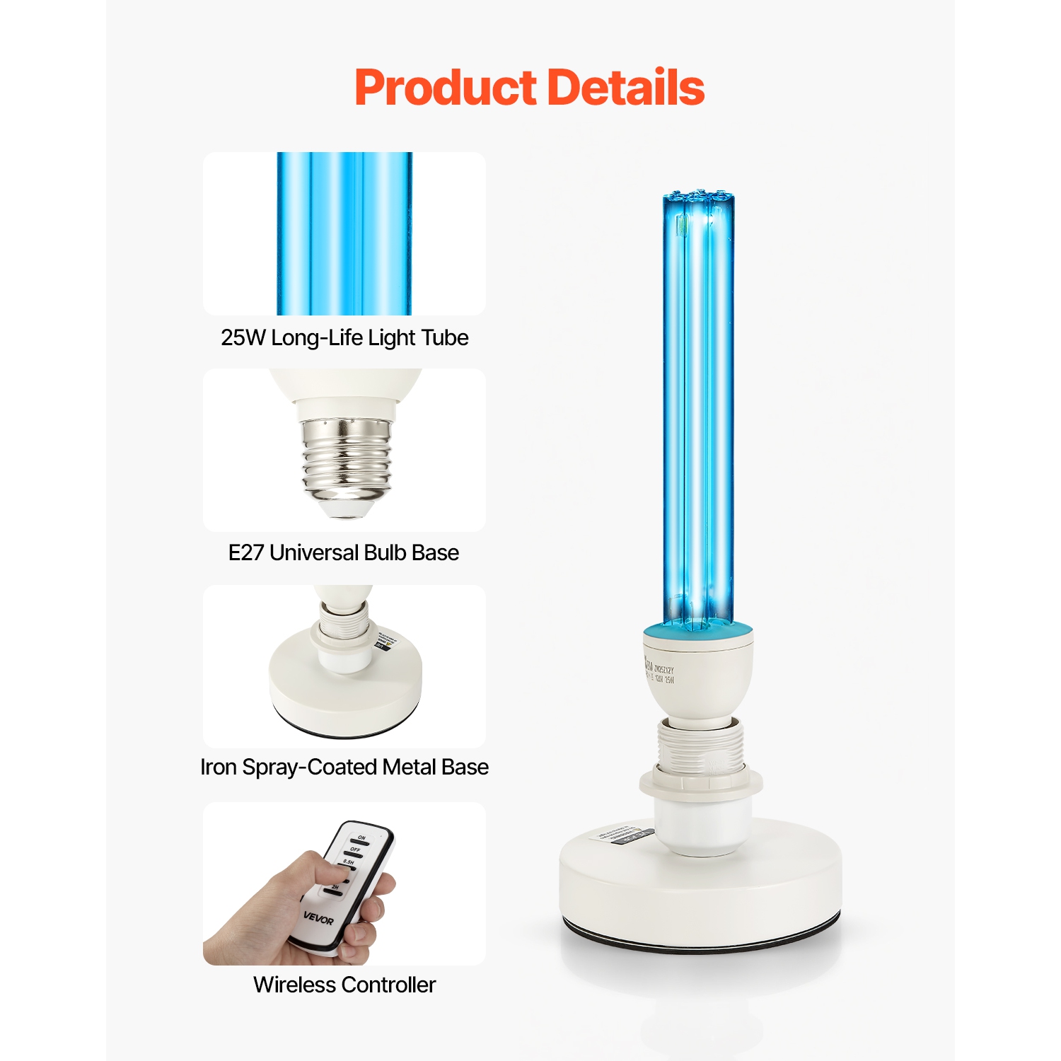 VEVOR 25W UV Light,Ultraviolet Lamp with Ozone Purifier, Portable UVC Lamp with Remote Control, UVO Light Bulb with Base and 30/60/120 Min 3-Gear