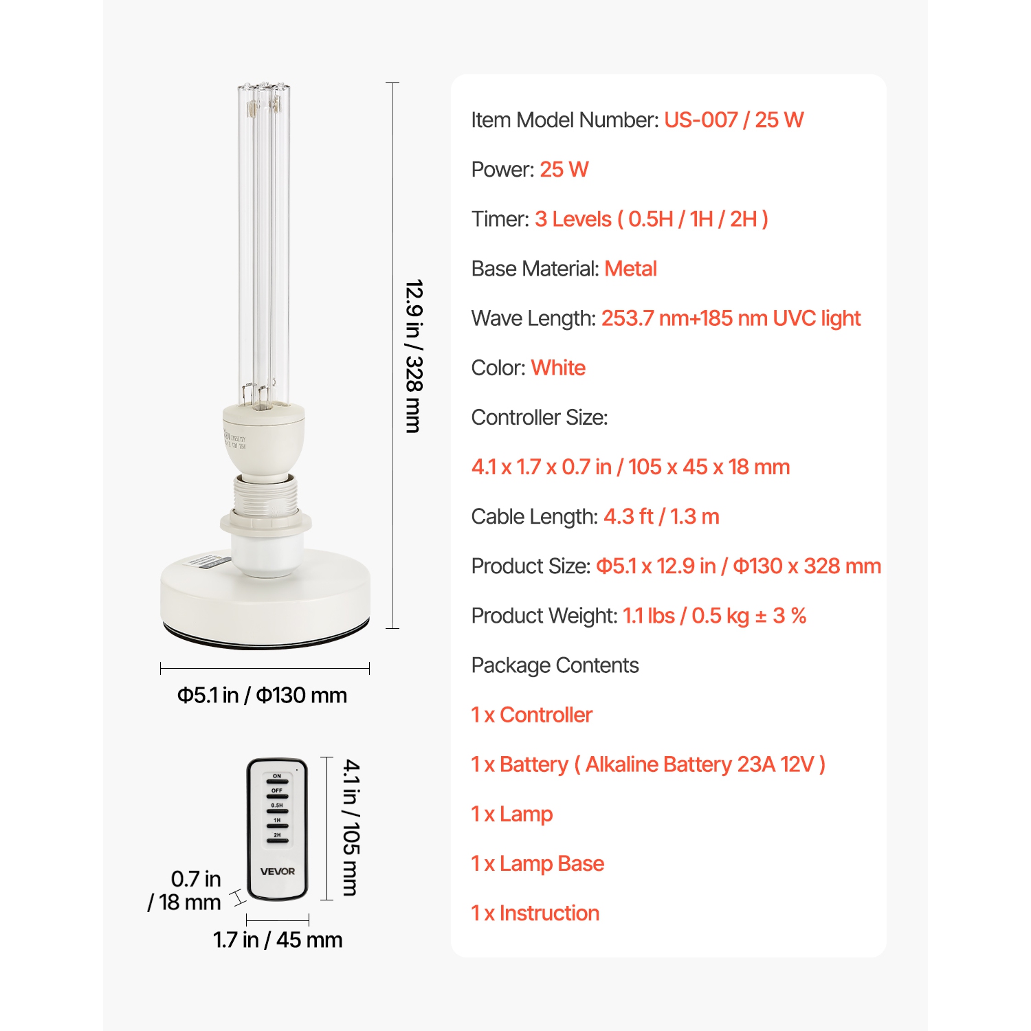 VEVOR 25W UV Light,Ultraviolet Lamp with Ozone Purifier, Portable UVC Lamp with Remote Control, UVO Light Bulb with Base and 30/60/120 Min 3-Gear