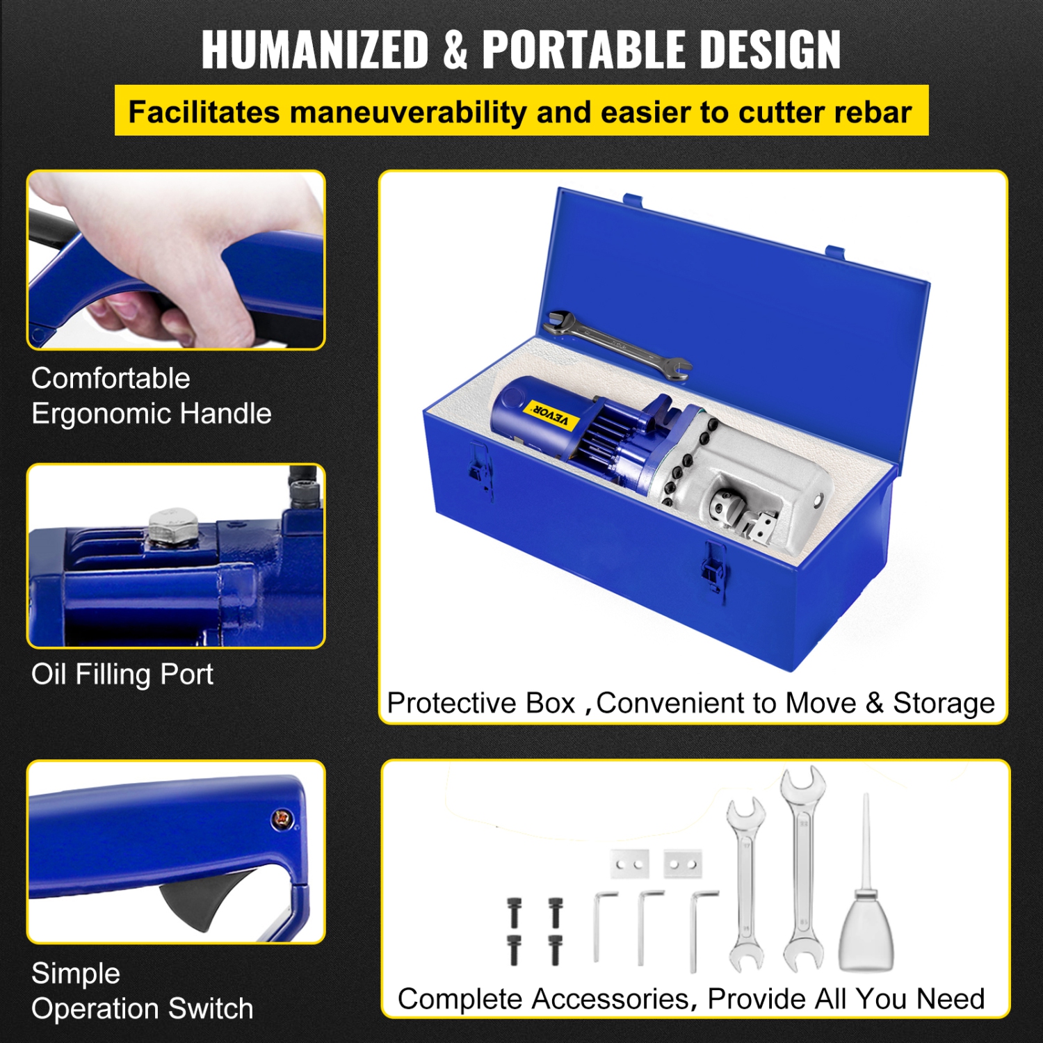 VEVOR 1350W Electric Rebar Cutter RC-22 Rebar Cutter Portable Rebar Cutter 7/8" 7 Grade 60 Rebar Hydraulic Rebar Cutter High Cutting Speed 3.5-4.5