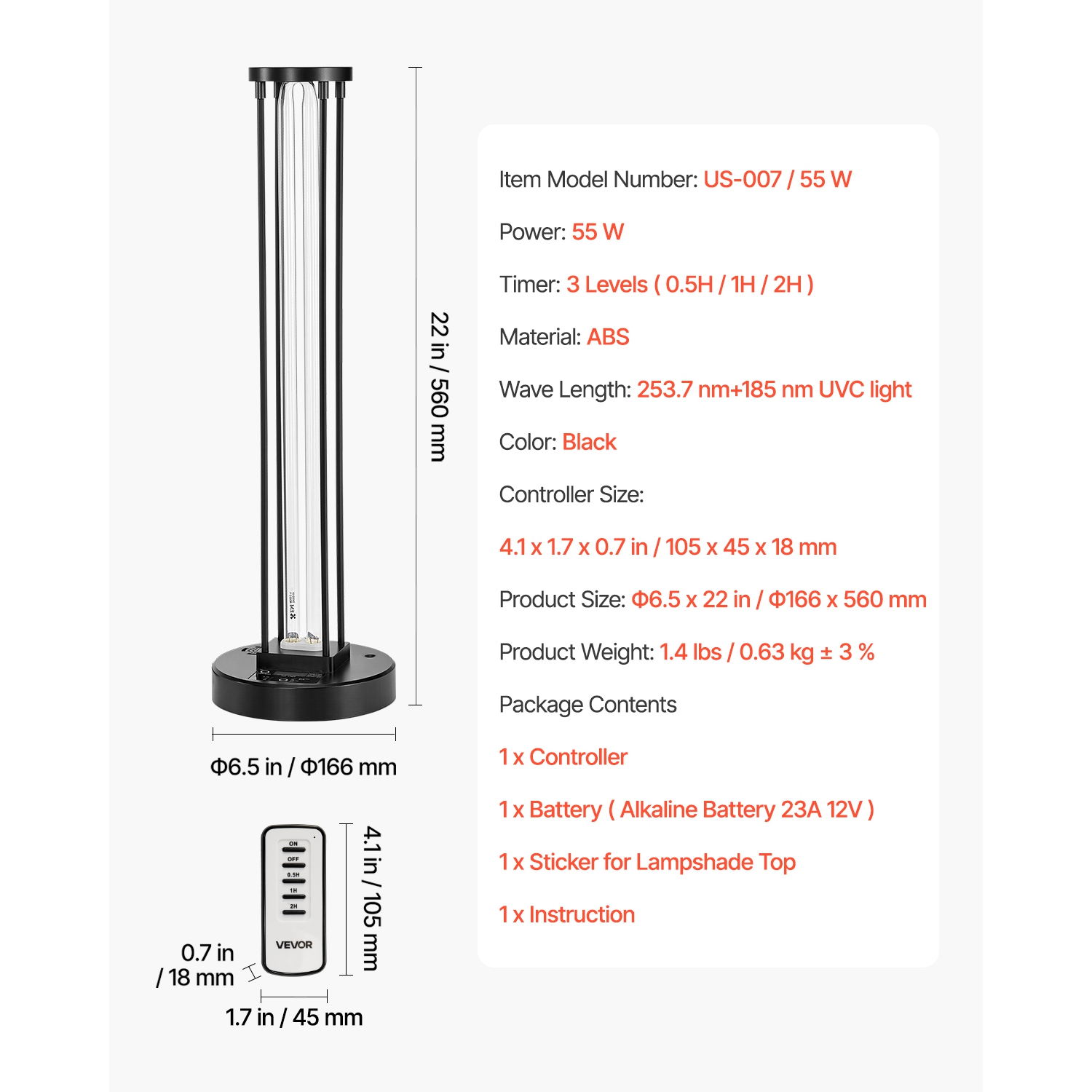 VEVOR 55W UV Light, Ultraviolet Lamp with Ozone Purifier,UVC Lamp with 30/60/120 Minutes 3-Gear Timer and Remote Control,for Room up to 750 sqft,UVO