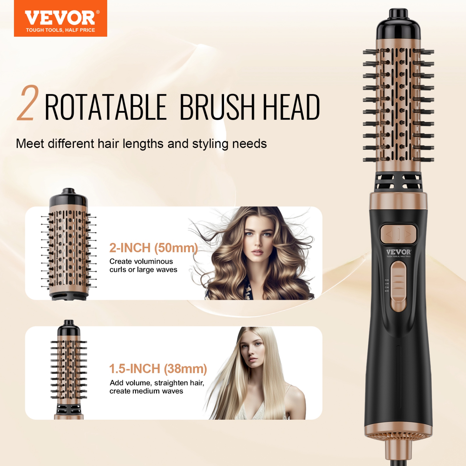 VEVOR 4 in 1 Rotating Hair Dryer Brush, Ionic Hot Air Styling Brush with 1.5" and 2" Ceramic Coated Head,Hair Dryer Styler and Volumizer, 3-Temp Blow