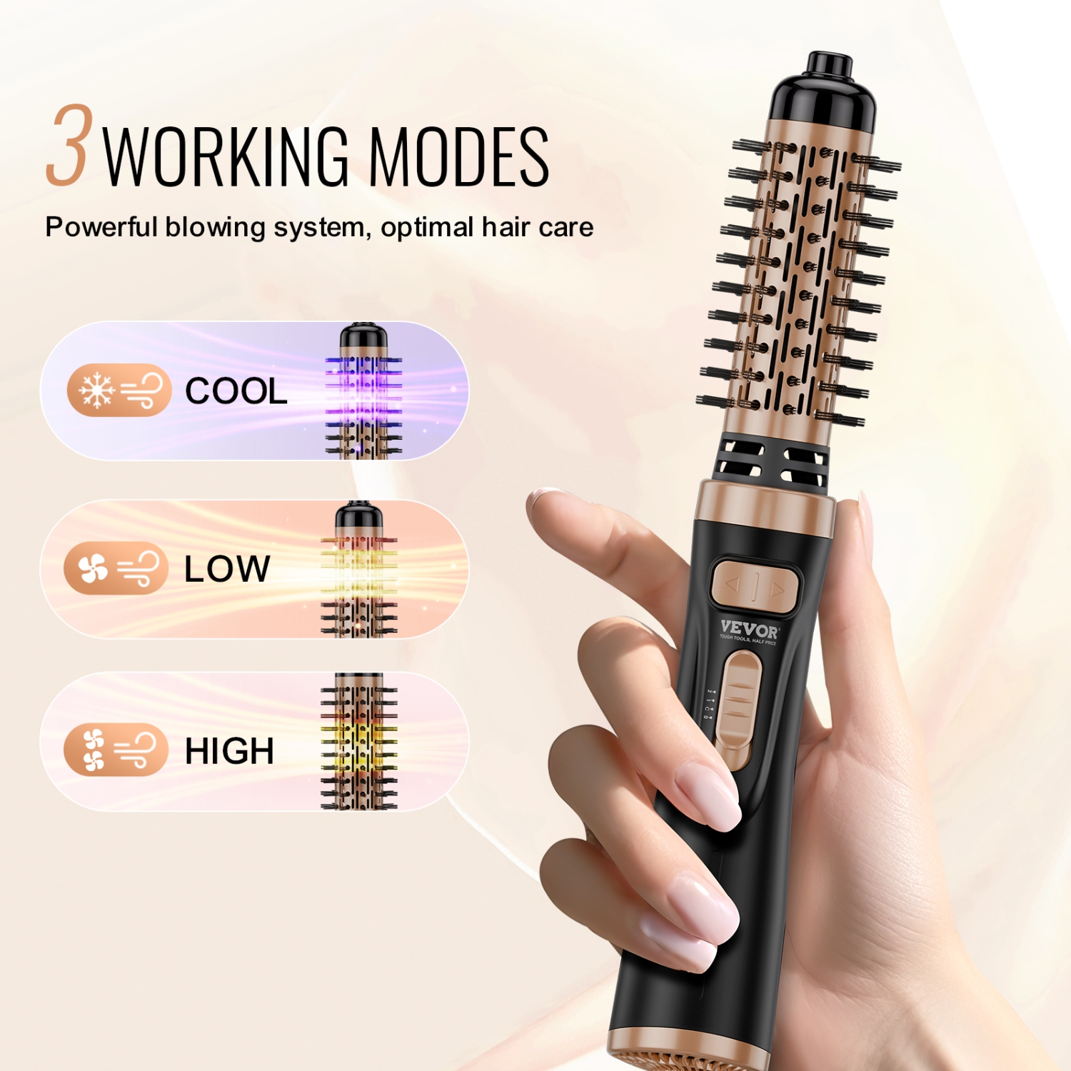 VEVOR 4 in 1 Rotating Hair Dryer Brush, Ionic Hot Air Styling Brush with 1.5" and 2" Ceramic Coated Head,Hair Dryer Styler and Volumizer, 3-Temp Blow