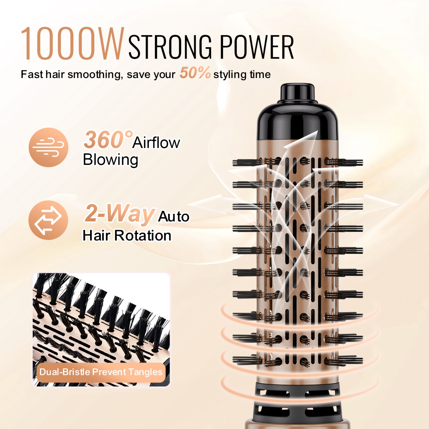 VEVOR 4 in 1 Rotating Hair Dryer Brush, Ionic Hot Air Styling Brush with 1.5" and 2" Ceramic Coated Head,Hair Dryer Styler and Volumizer, 3-Temp Blow