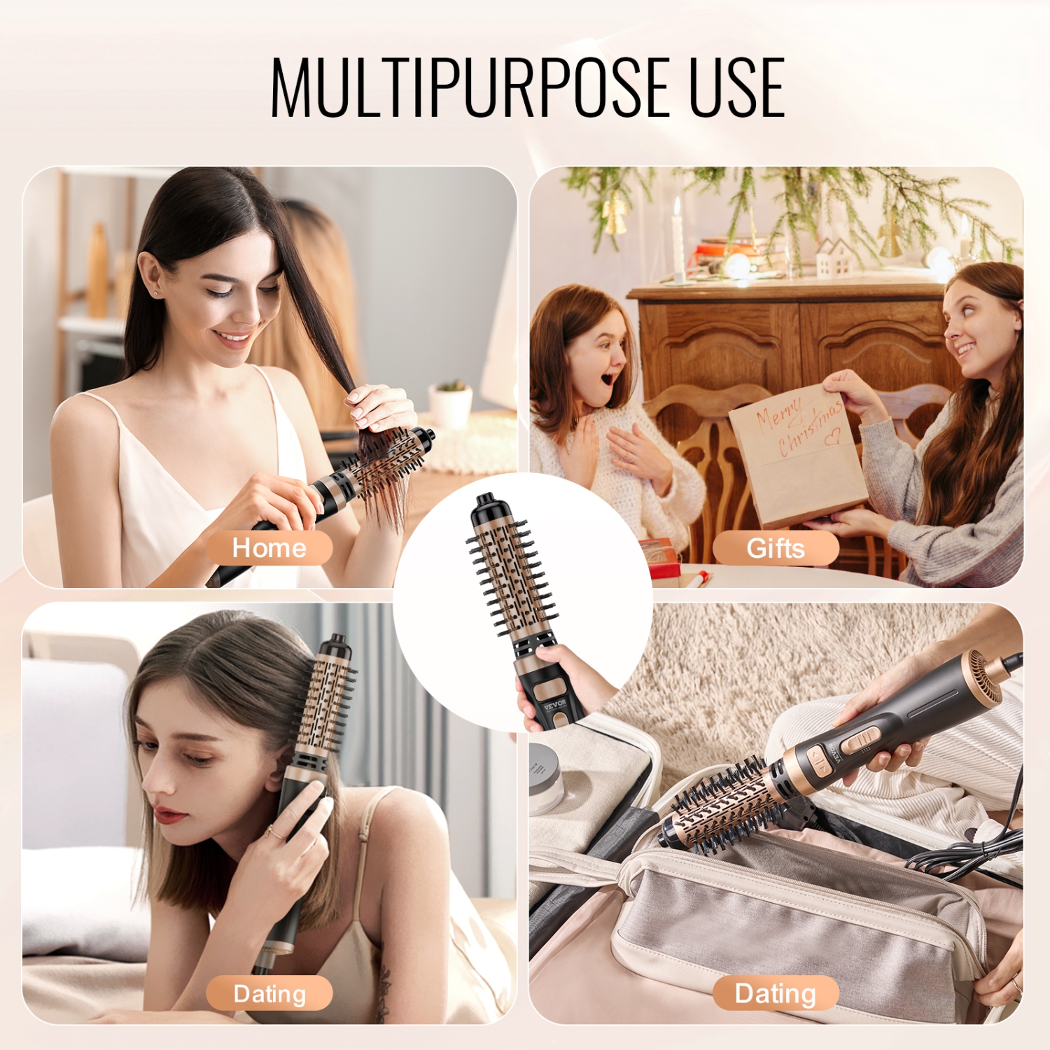 VEVOR 4 in 1 Rotating Hair Dryer Brush, Ionic Hot Air Styling Brush with 1.5" and 2" Ceramic Coated Head,Hair Dryer Styler and Volumizer, 3-Temp Blow