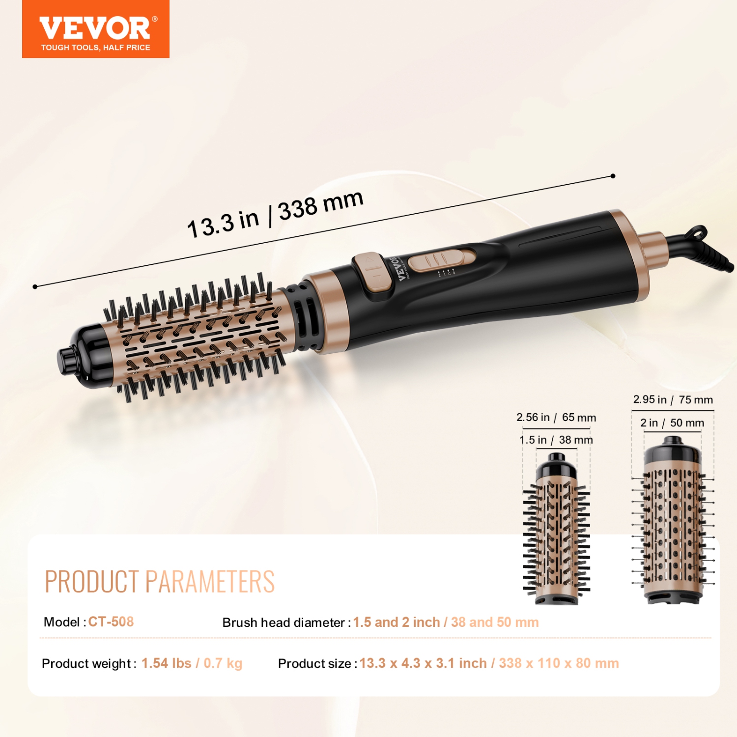 VEVOR 4 in 1 Rotating Hair Dryer Brush, Ionic Hot Air Styling Brush with 1.5" and 2" Ceramic Coated Head,Hair Dryer Styler and Volumizer, 3-Temp Blow