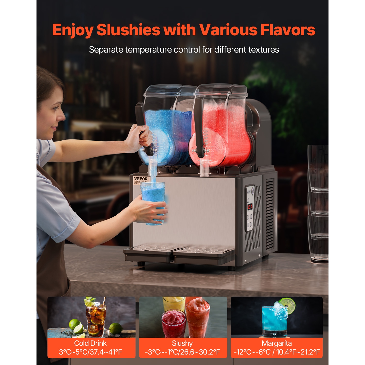 VEVOR 4Lx2 Double Commercial Slushy Machine, Tank Frozen Drink Machine, 32 Cups Stainless Steel Margarita Smoothie Frozen Drink Maker, for Home Party