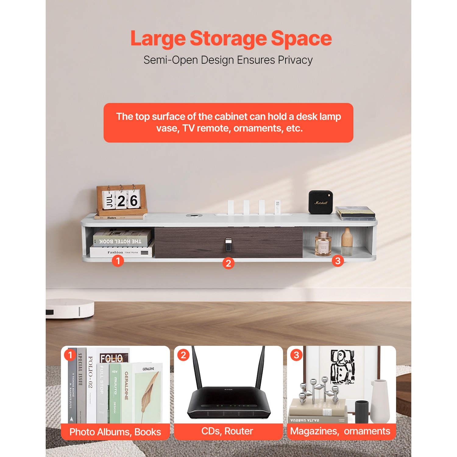 VEVOR 47 in Floating TV Stand, Wall Mount Entertainment Center with Cable Hole, Modern Floating TV Shelf with Storage Cabinet,Particle Board Console