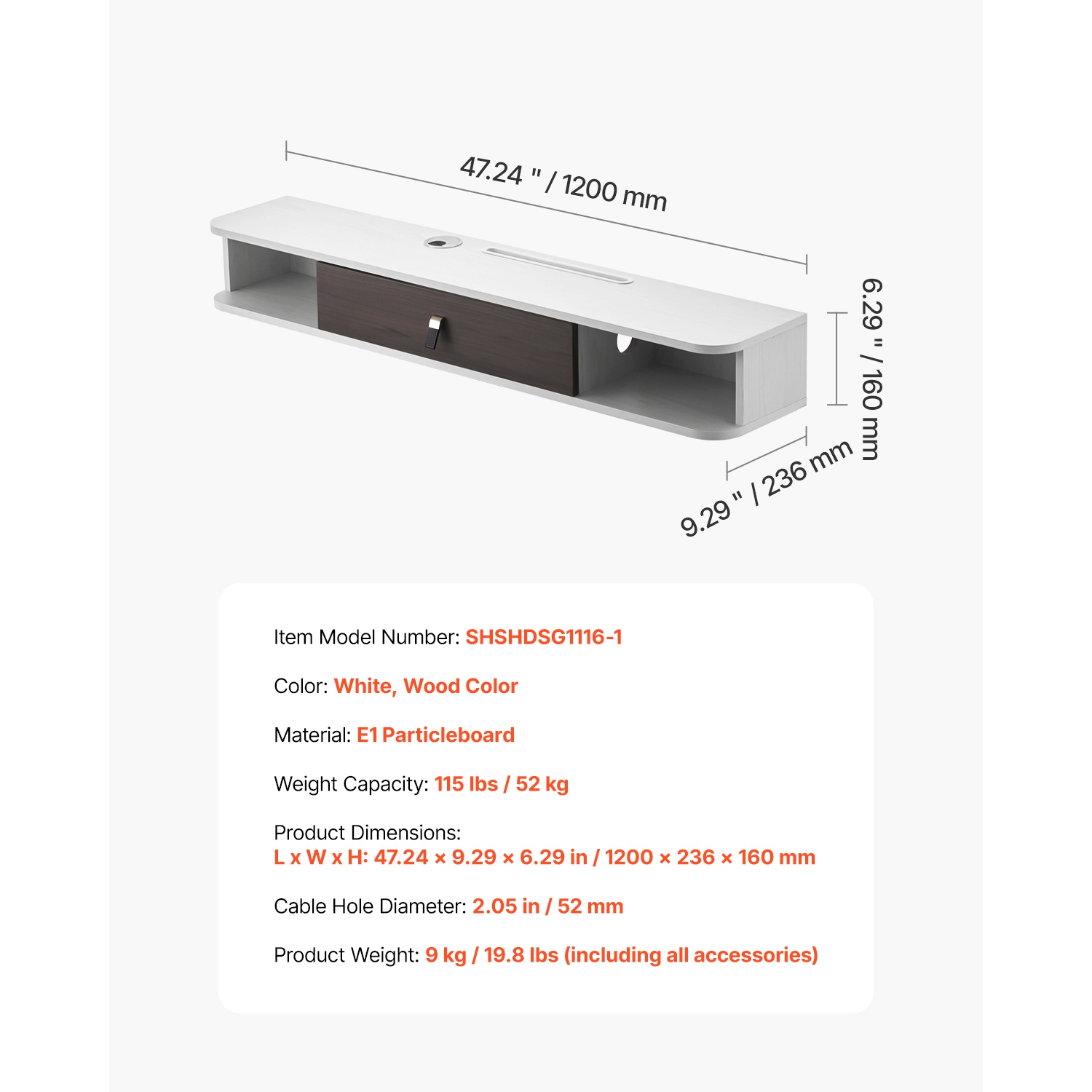 VEVOR 47 in Floating TV Stand, Wall Mount Entertainment Center with Cable Hole, Modern Floating TV Shelf with Storage Cabinet,Particle Board Console