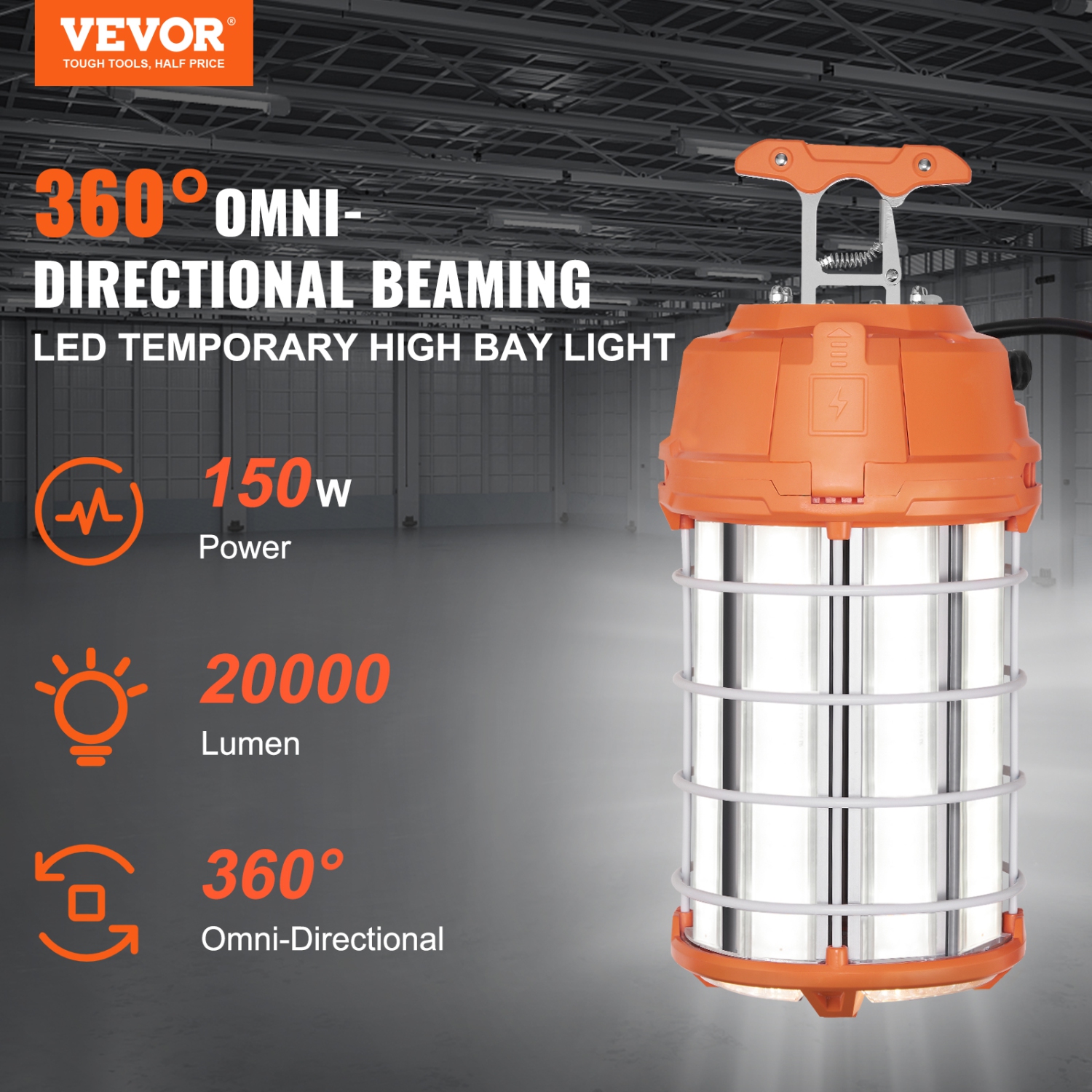VEVOR 20000lm LED Temporary Work Light, 150W,Construction Lights, 5000K Portable Super Bright & Waterproof & Connected Up to 6 lights, Hanging Job