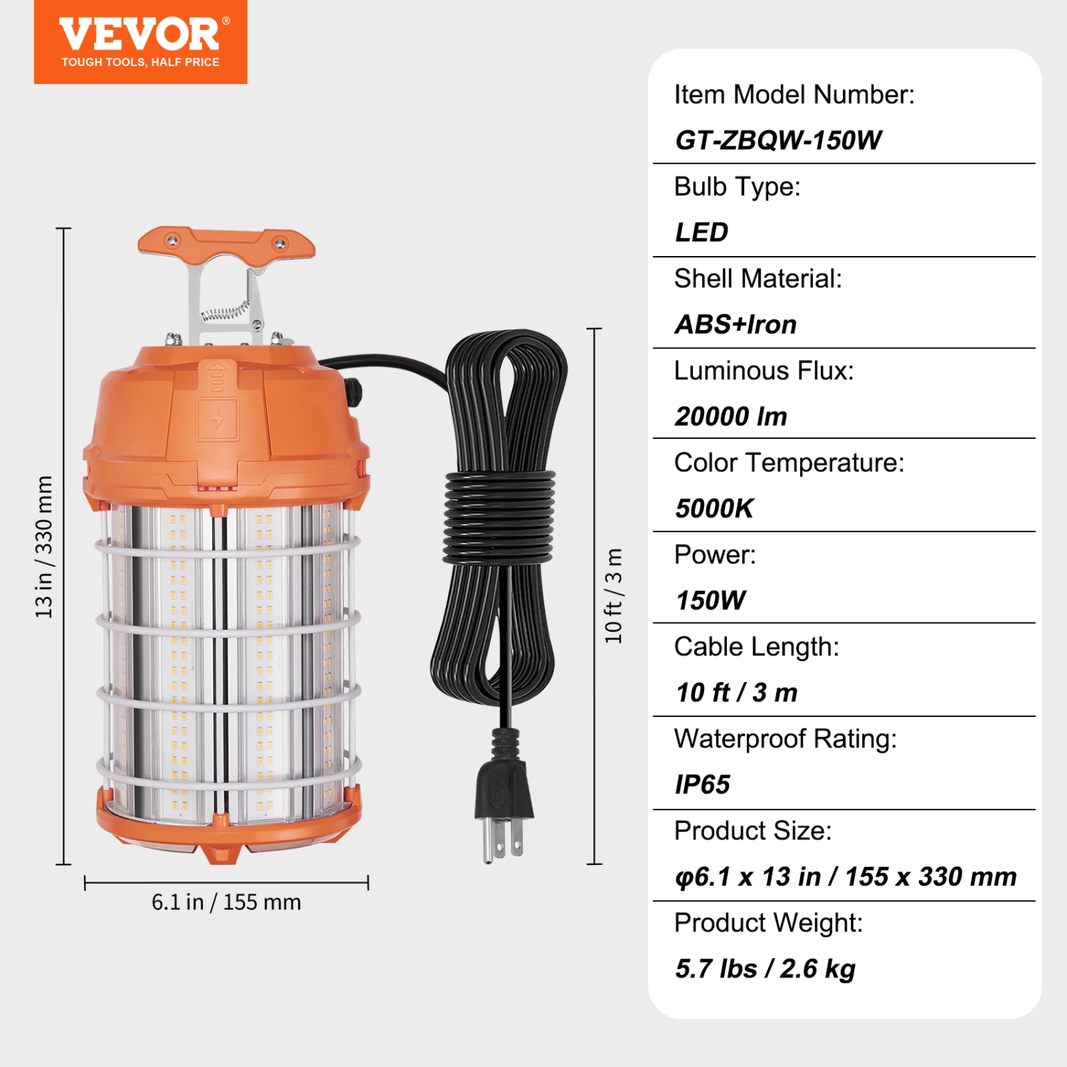 VEVOR 20000lm LED Temporary Work Light, 150W,Construction Lights, 5000K Portable Super Bright & Waterproof & Connected Up to 6 lights, Hanging Job