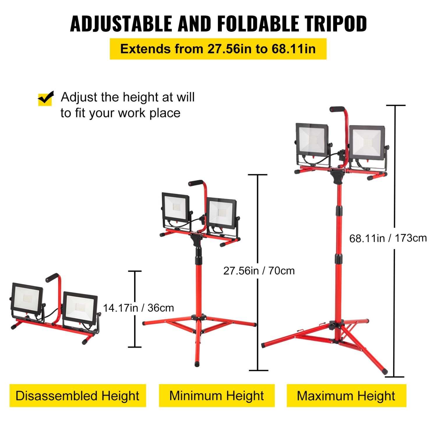 VEVOR 20000 Lumen LED Work Light with Stand, Dual-head LED Work Light with 27.6"-68.1" Adjustable , IP65 Waterproofed LED Tripod Work Light, with
