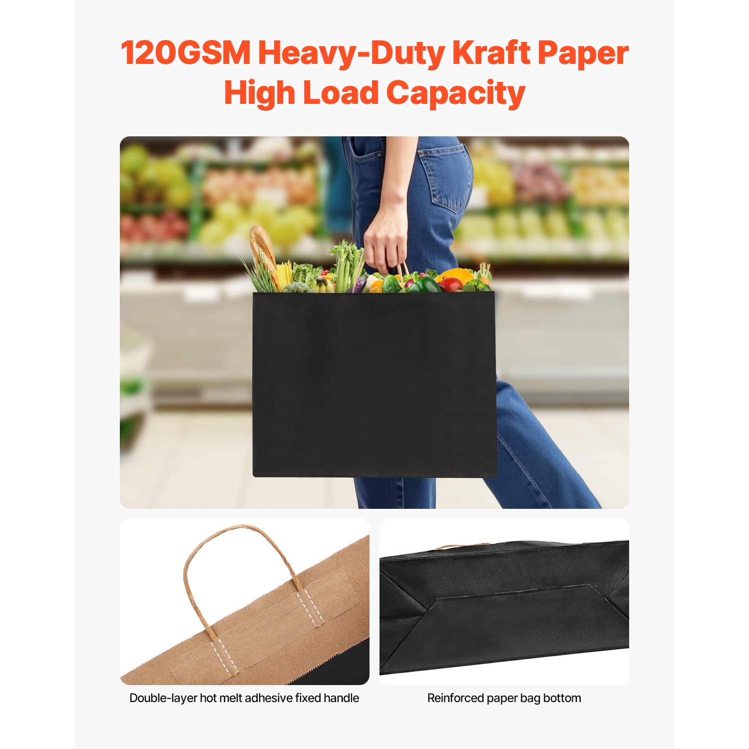 VEVOR 16 x 6 x 12 in Kraft Paper Bags with Handles, 50Pcs, Large Paper Grocery Bags, Reusable & Recycled Take-Out Sacks, Plain Party Bag Bulk for