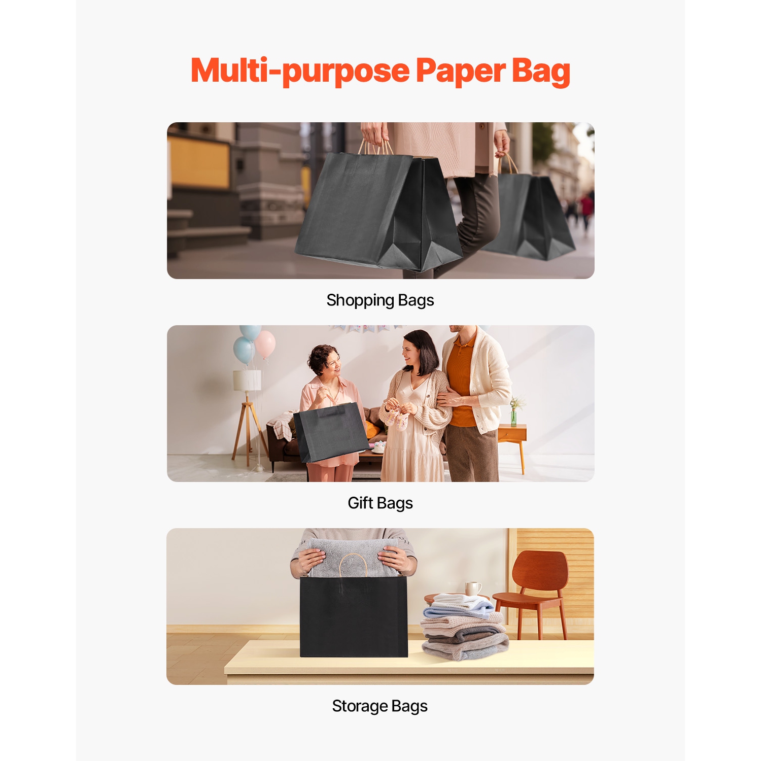 VEVOR 16 x 6 x 12 in Kraft Paper Bags with Handles, 50Pcs, Large Paper Grocery Bags, Reusable & Recycled Take-Out Sacks, Plain Party Bag Bulk for