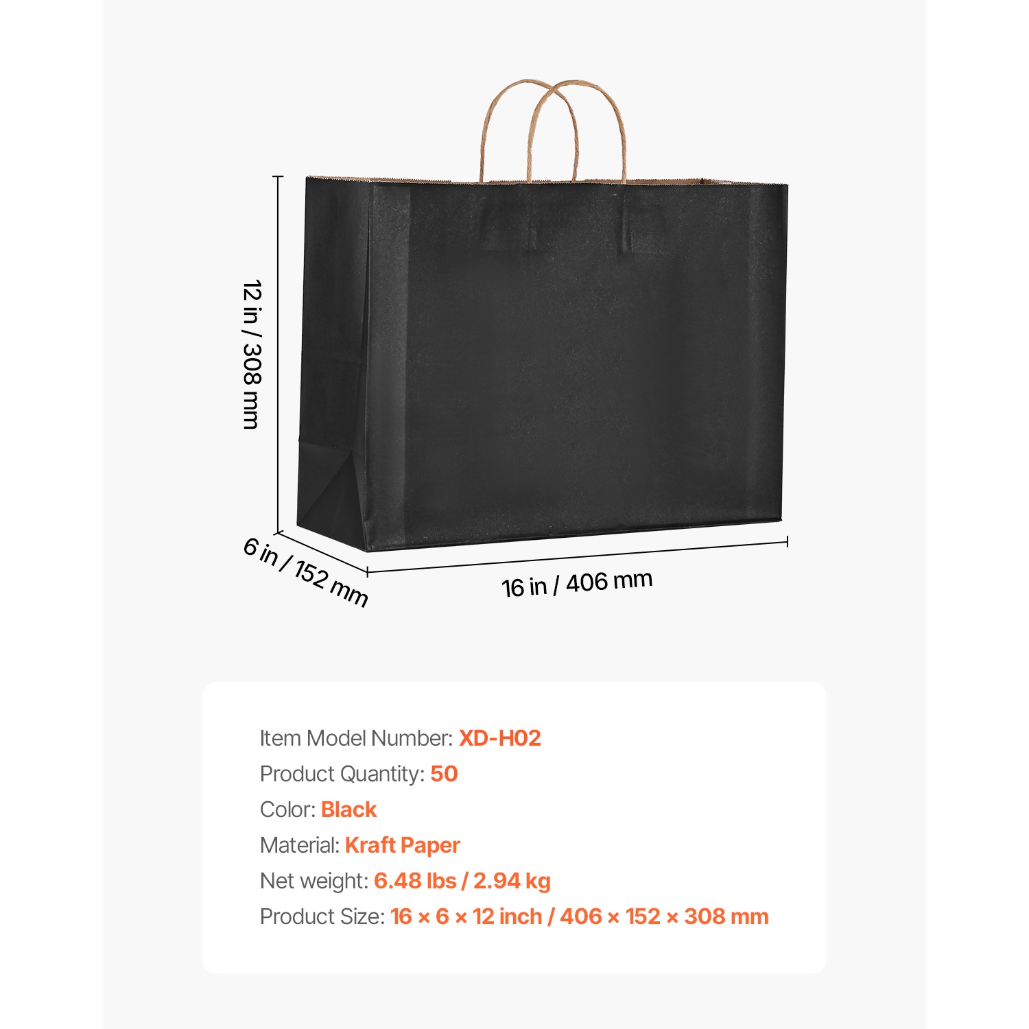 VEVOR 16 x 6 x 12 in Kraft Paper Bags with Handles, 50Pcs, Large Paper Grocery Bags, Reusable & Recycled Take-Out Sacks, Plain Party Bag Bulk for